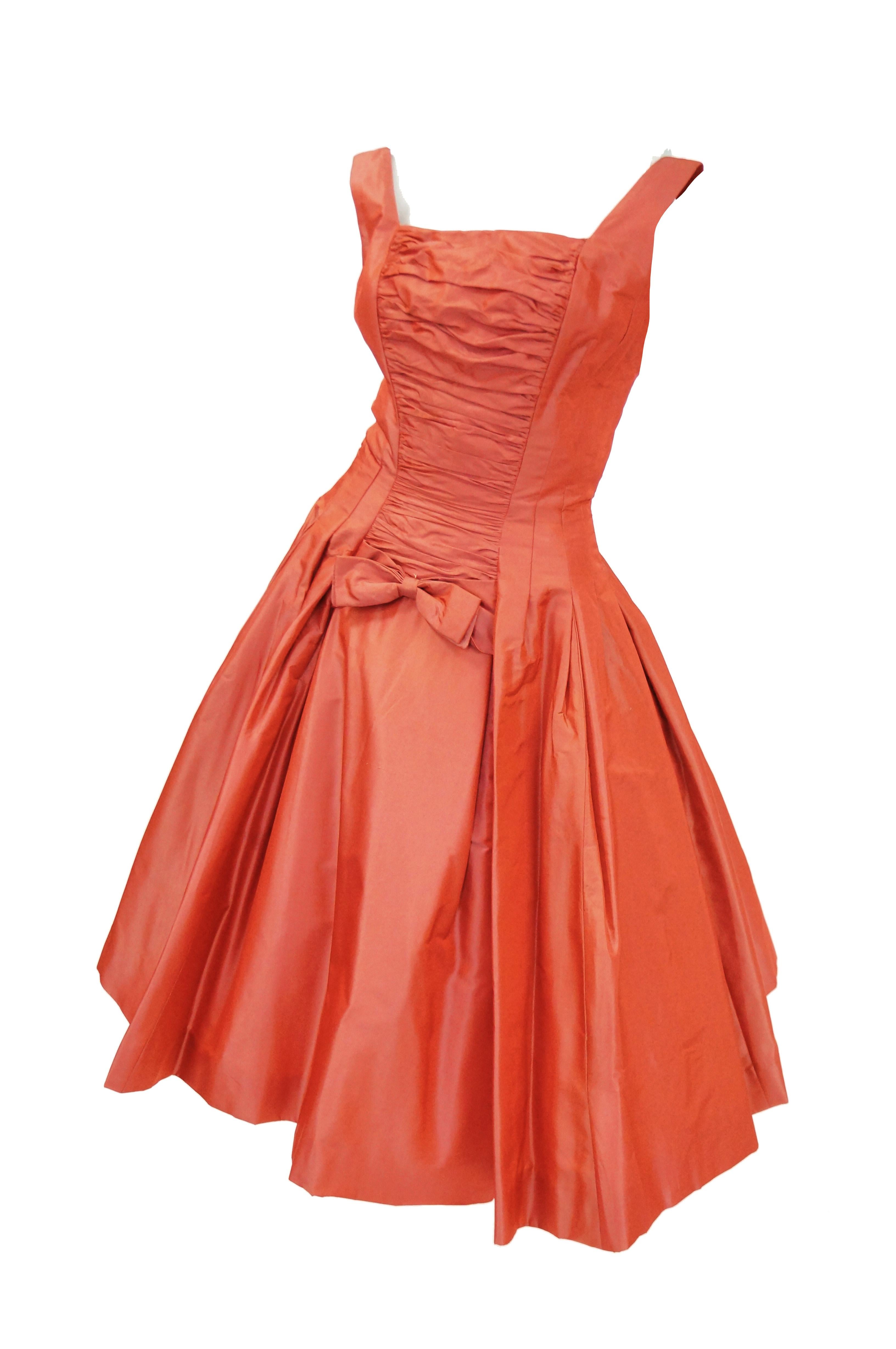 1950s Suzy Perette Red Charmeuse Satin New Look Evening Dress with Bow Detail 2