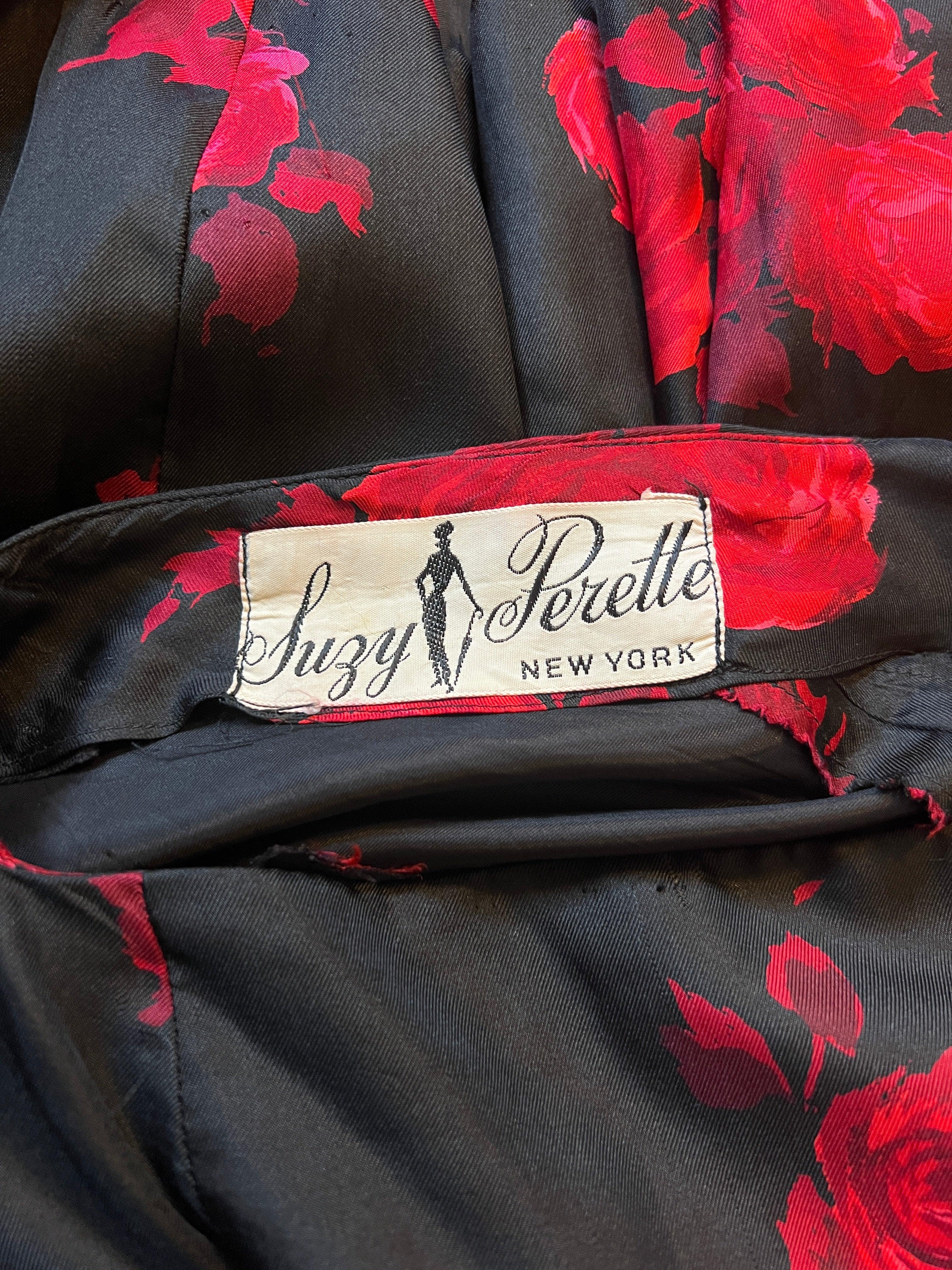 1950s Suzy Perette Satin Black and Red Rose Print Dress For Sale 1