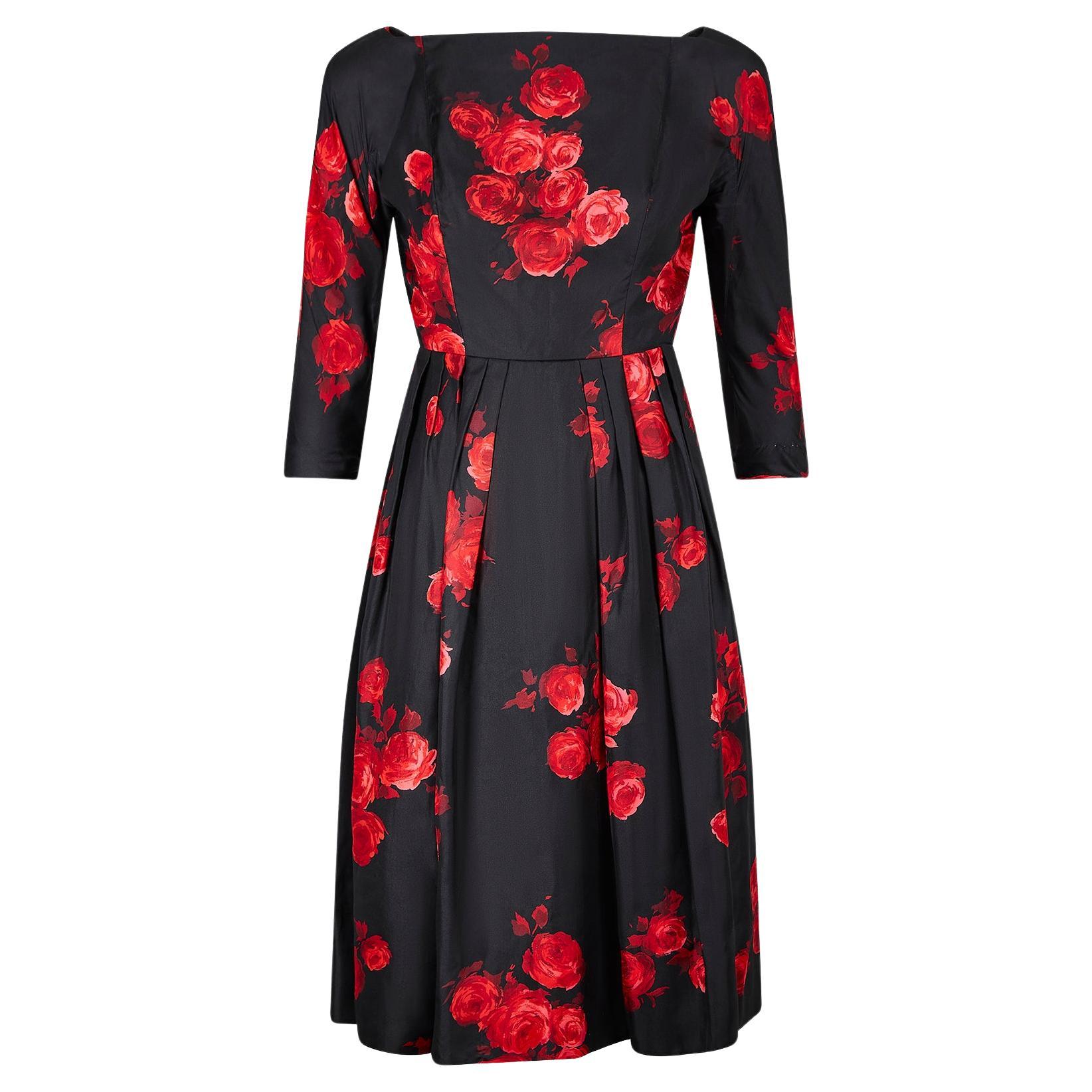 1950s Suzy Perette Satin Black and Red Rose Print Dress For Sale
