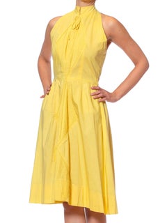 1950S SUZY PERETTE Yellow Cotton Halter A Line Dress With Pleated Diamond Insets