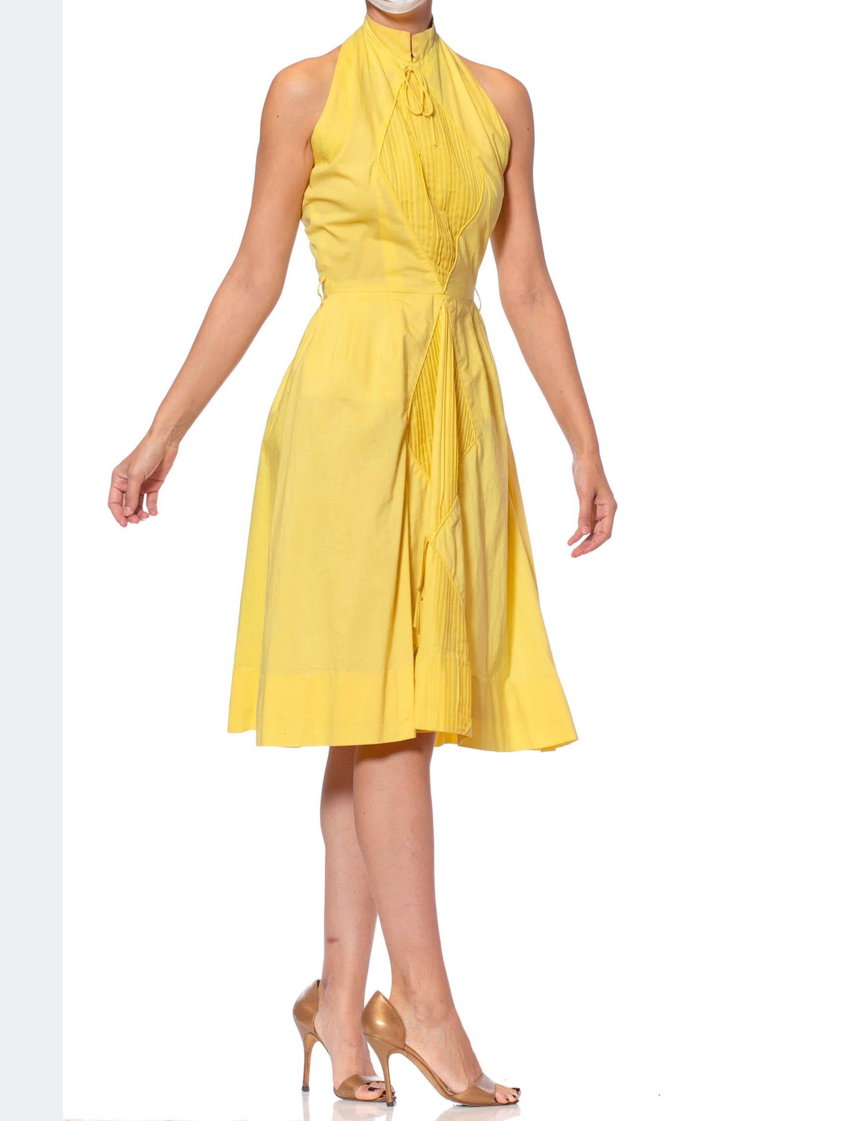 Women's 1950S SUZY PERETTE Yellow Cotton Halter A Line Dress With Pleated Diamond Insets