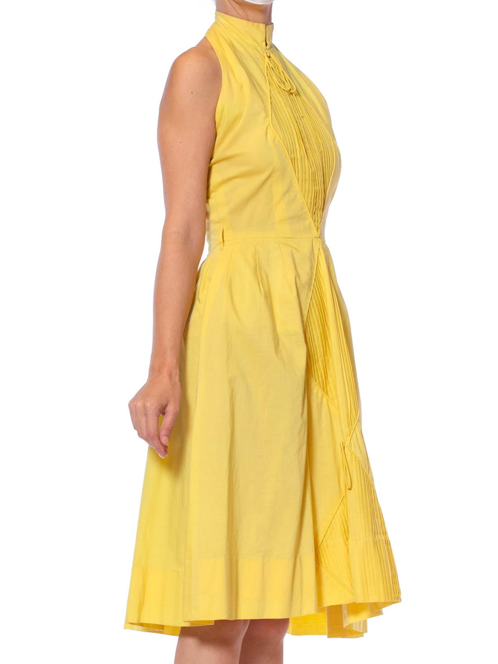 1950S SUZY PERETTE Yellow Cotton Halter A Line Dress With Pleated Diamond Insets 1