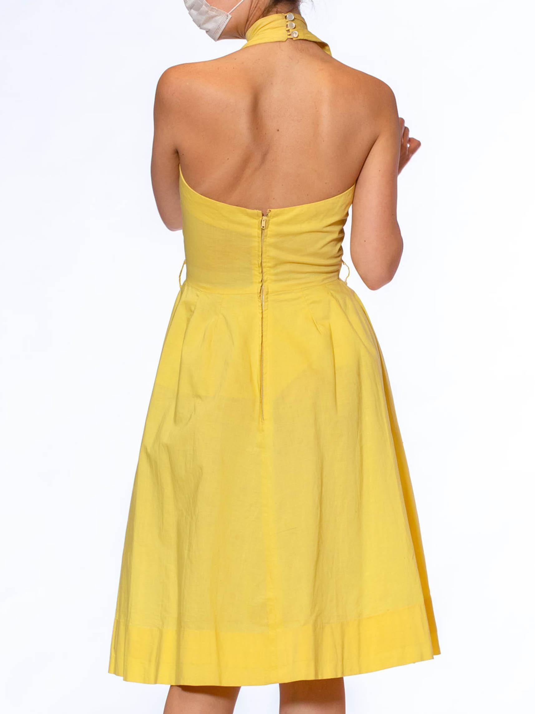 1950S SUZY PERETTE Yellow Cotton Halter A Line Dress With Pleated Diamond Insets 3