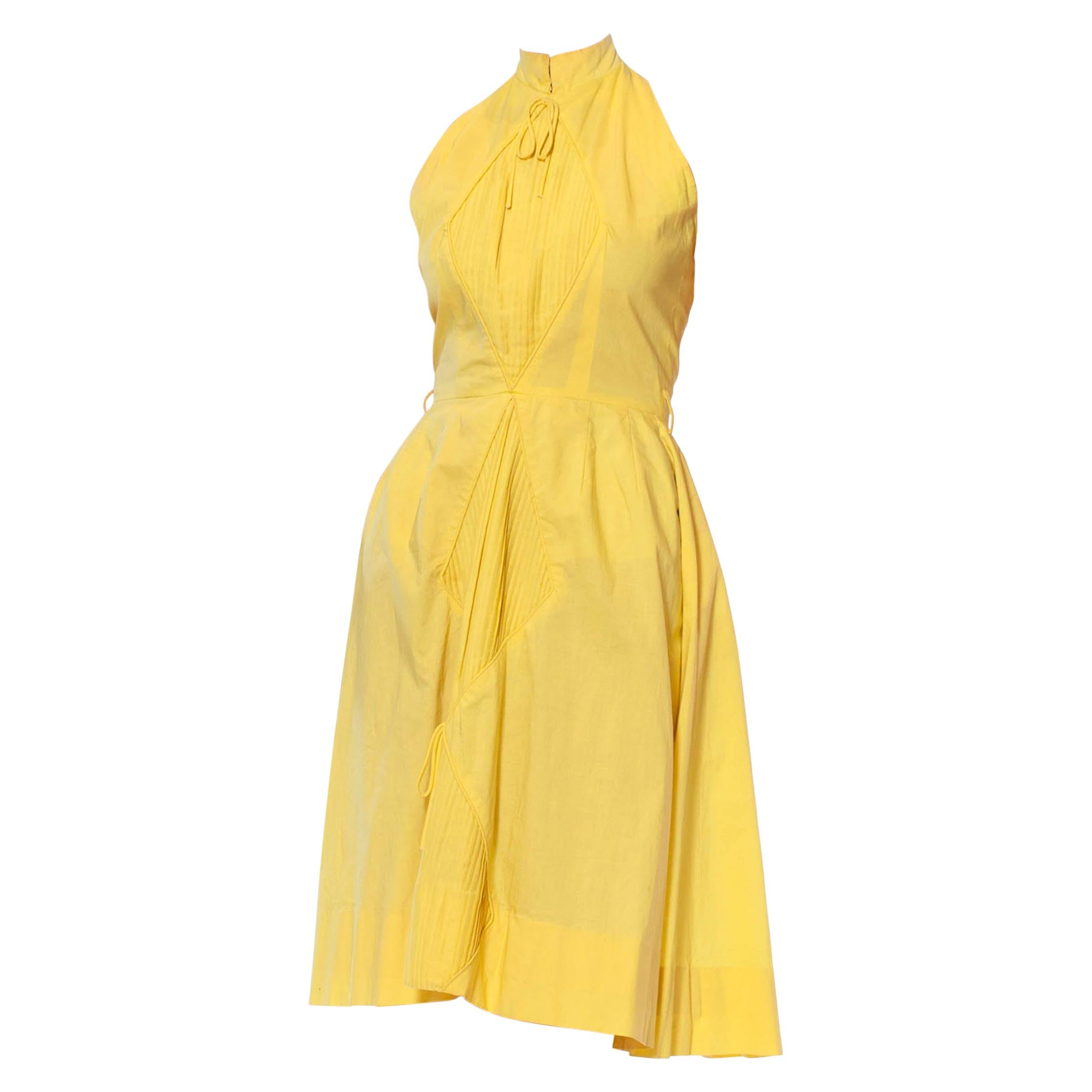 1950S SUZY PERETTE Yellow Cotton Halter A Line Dress With Pleated Diamond Insets