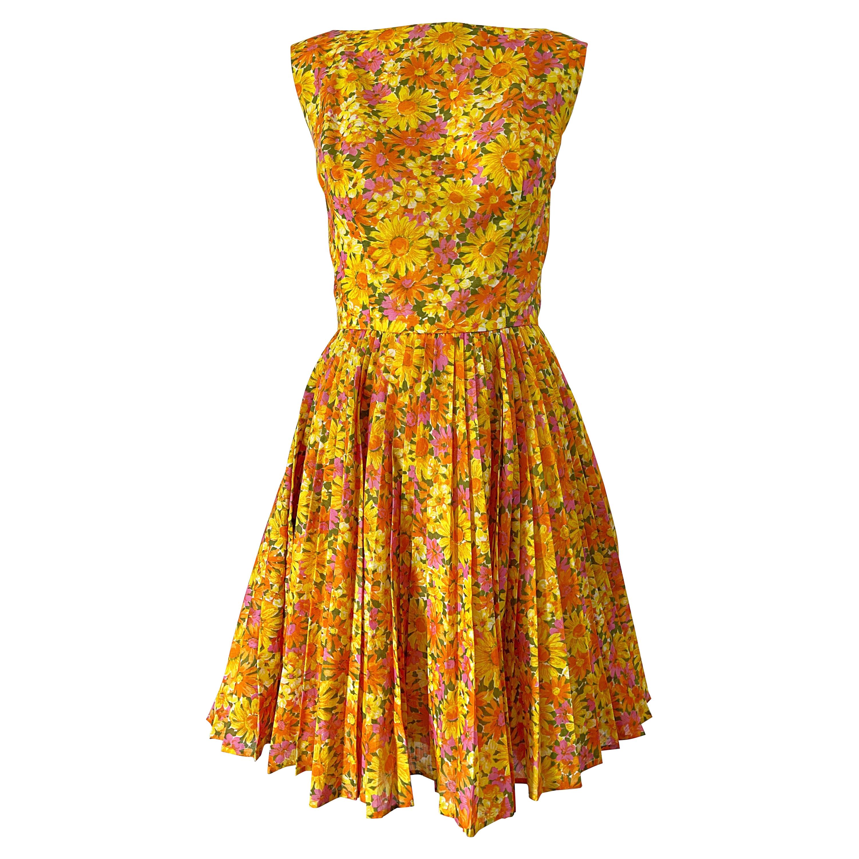 1950er Suzy Perette gelb, rosa, orange, Gänseblümchendruck, Vintage 50er Jahre Kleid