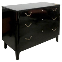 Vintage 1950s Swedish Black Polished Chest of Drawers with Brass Handles