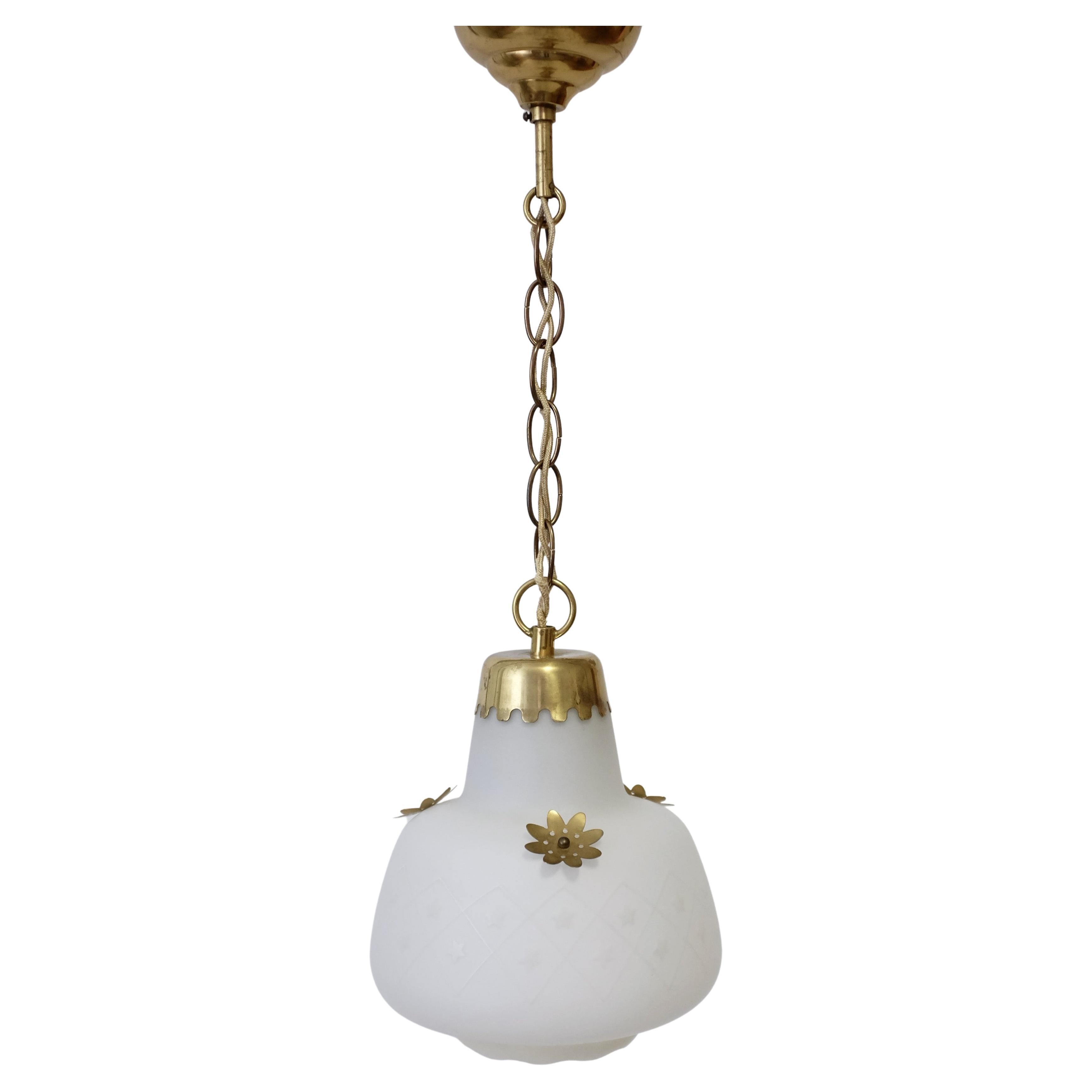 1950s, Swedish Brass and Opaline Glass Pendant For Sale