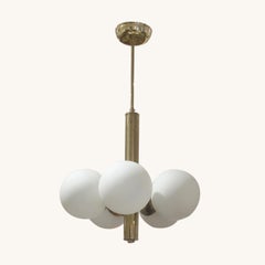 1950s Swedish Brass Ceiling Light with Five Opal Glass Globes