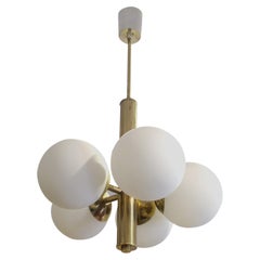 1950s Swedish Brass Ceiling Light with Five Opal Glass Globes