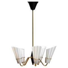 1950s Swedish Brass Five Arm Chandelier With Frosted Art Glass Shades By ASEA