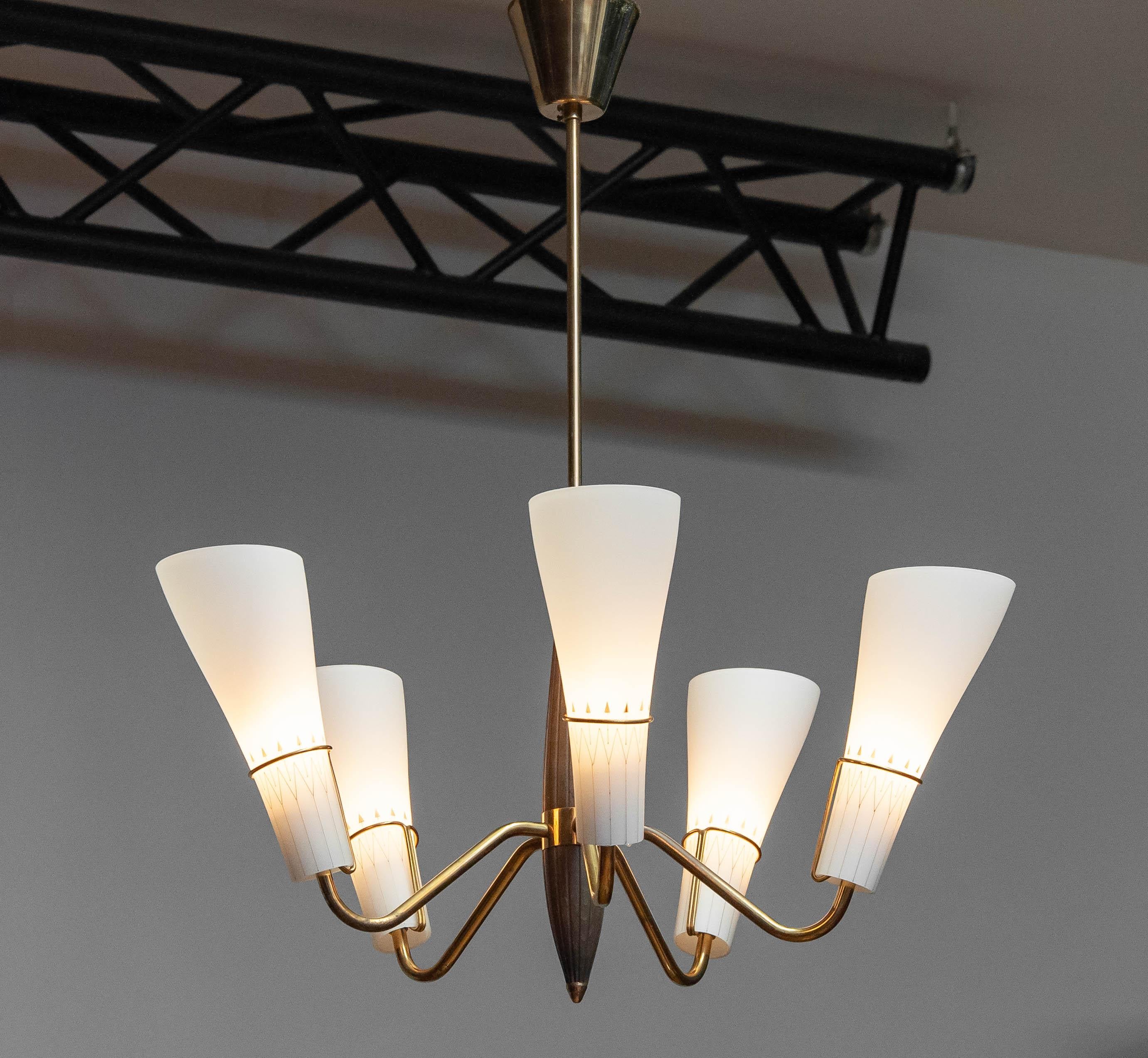 Mid-Century Modern 1950s Swedish Brass With Beech Five Arm Chandelier With Frosted Art Glass Shades