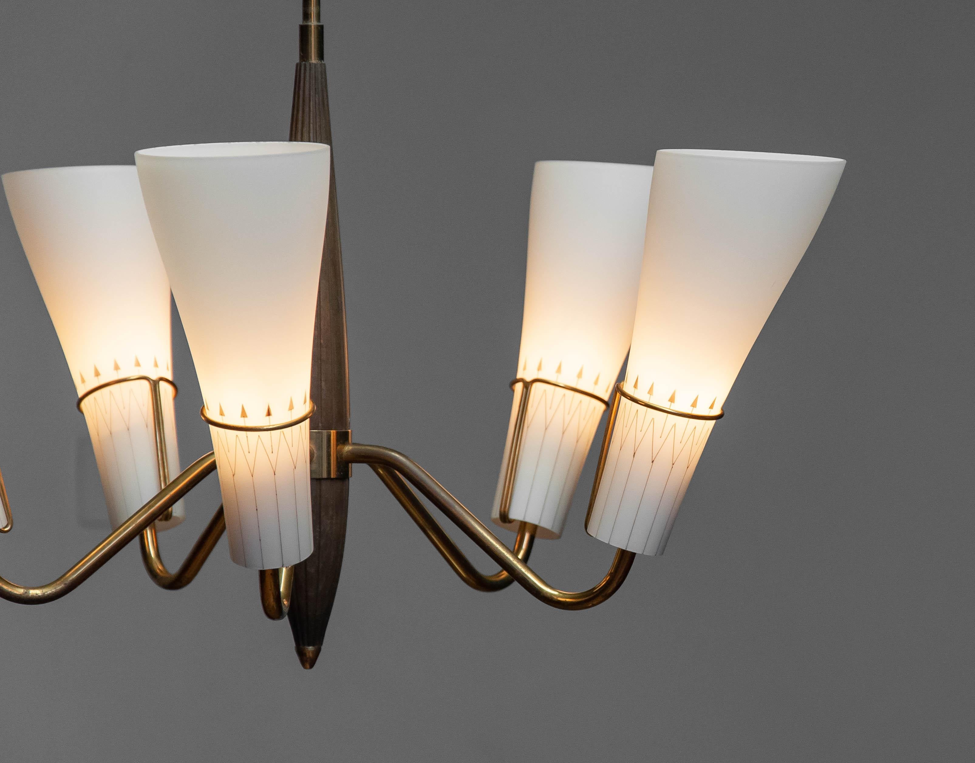 Mid-20th Century 1950s Swedish Brass With Beech Five Arm Chandelier With Frosted Art Glass Shades