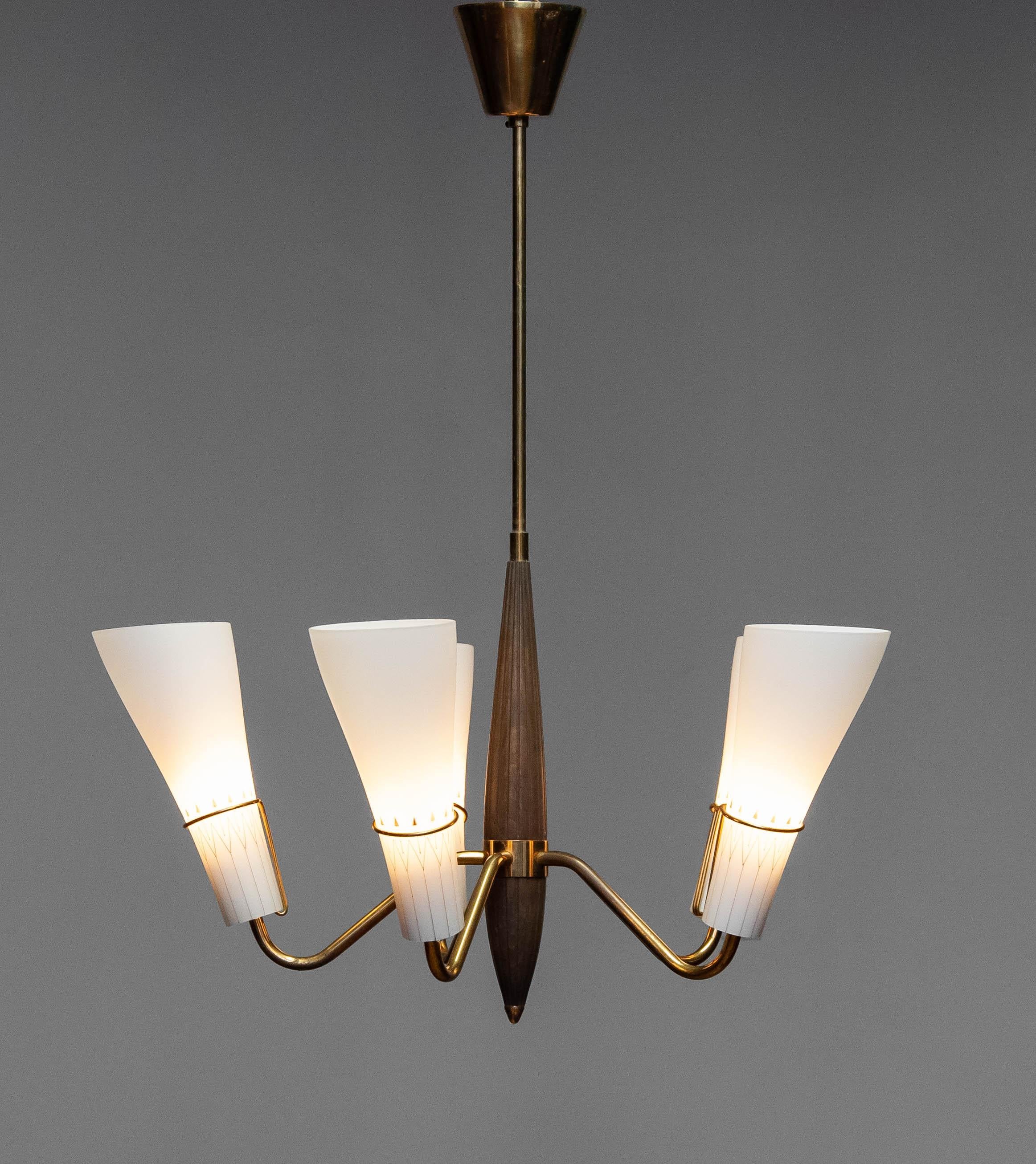1950s Swedish Brass With Beech Five Arm Chandelier With Frosted Art Glass Shades For Sale 1