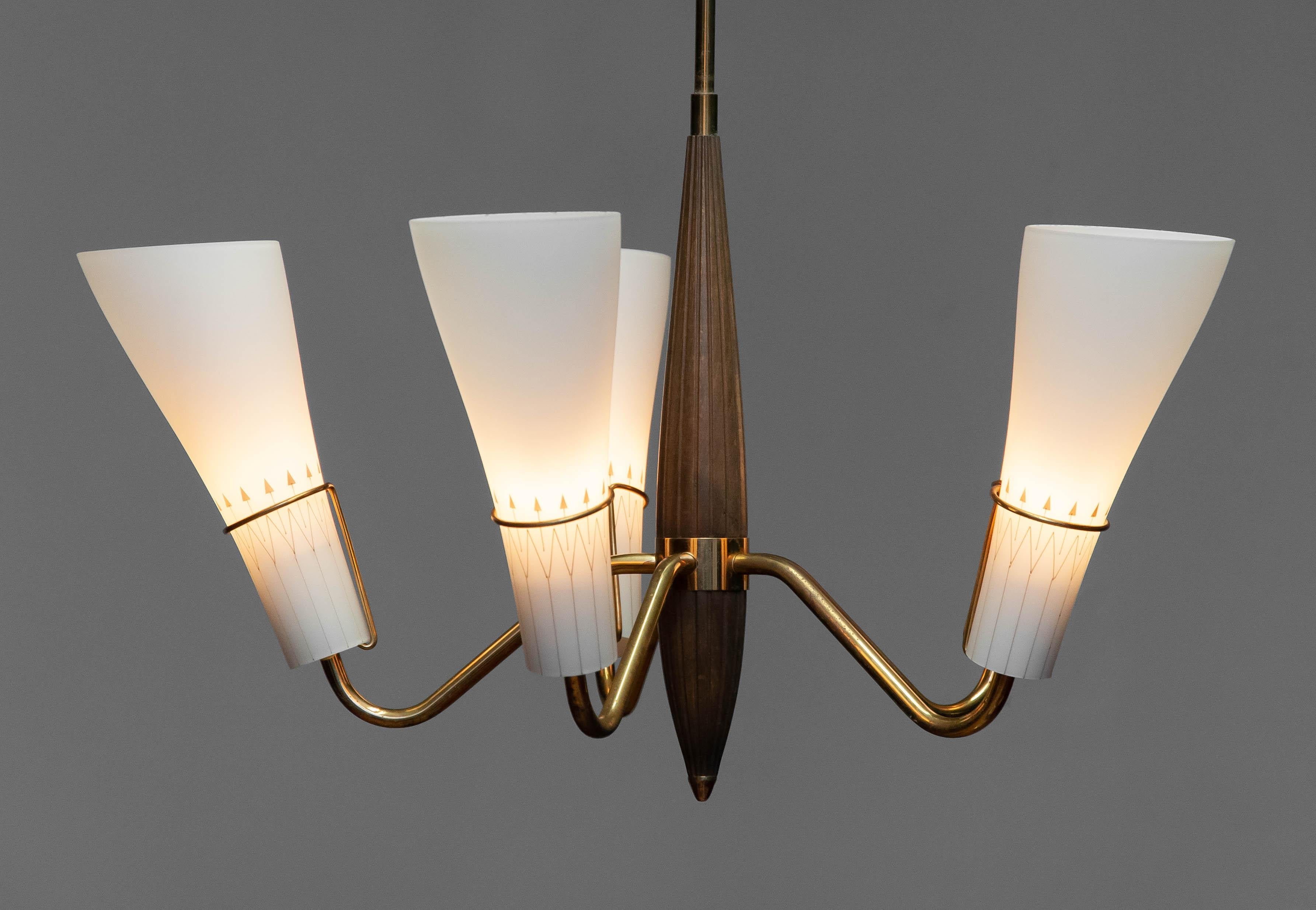 1950s Swedish Brass With Beech Five Arm Chandelier With Frosted Art Glass Shades For Sale 2