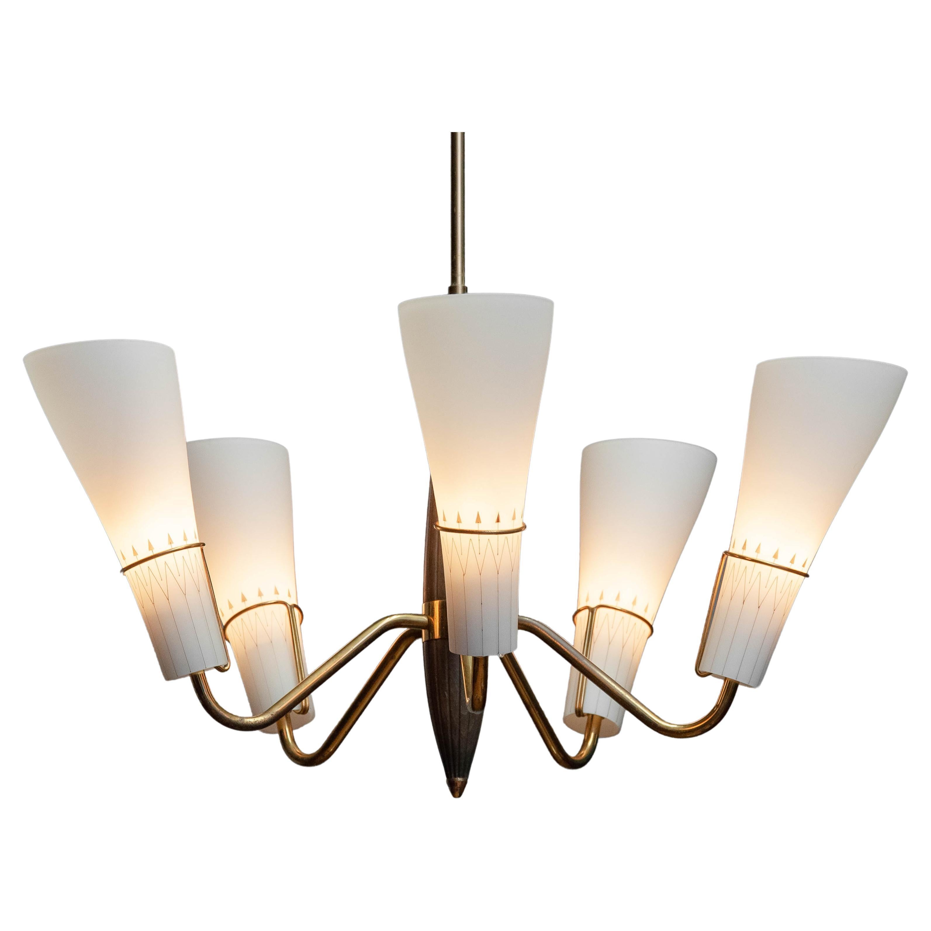1950s Swedish Brass With Beech Five Arm Chandelier With Frosted Art Glass Shades
