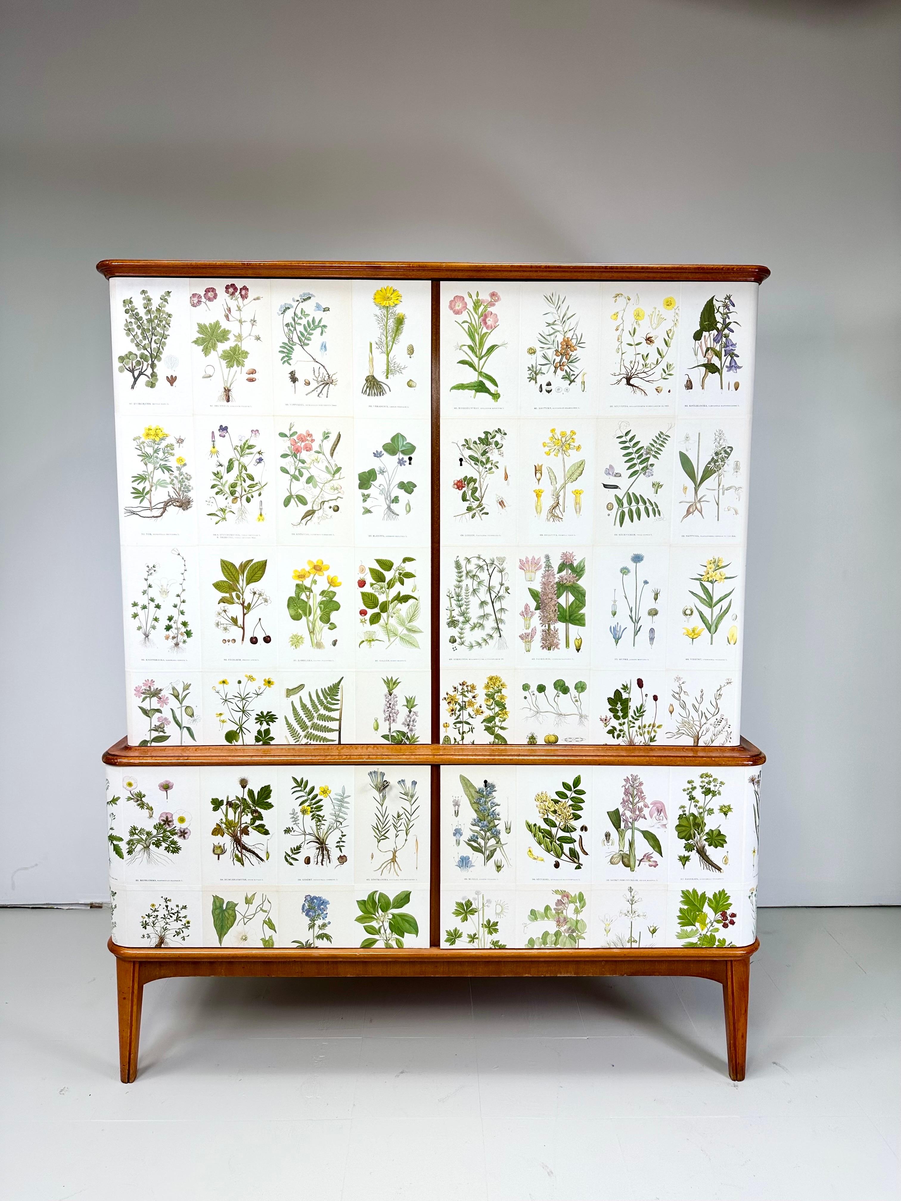 1950’s Swedish Cabinet papered with illustrations by C.A. Lindman, book Nordens Flora.

Cabinet consists of two large locking doors with four interior adjustable shelves. Two smaller locking doors on the lower portion of the cabinet conceal one