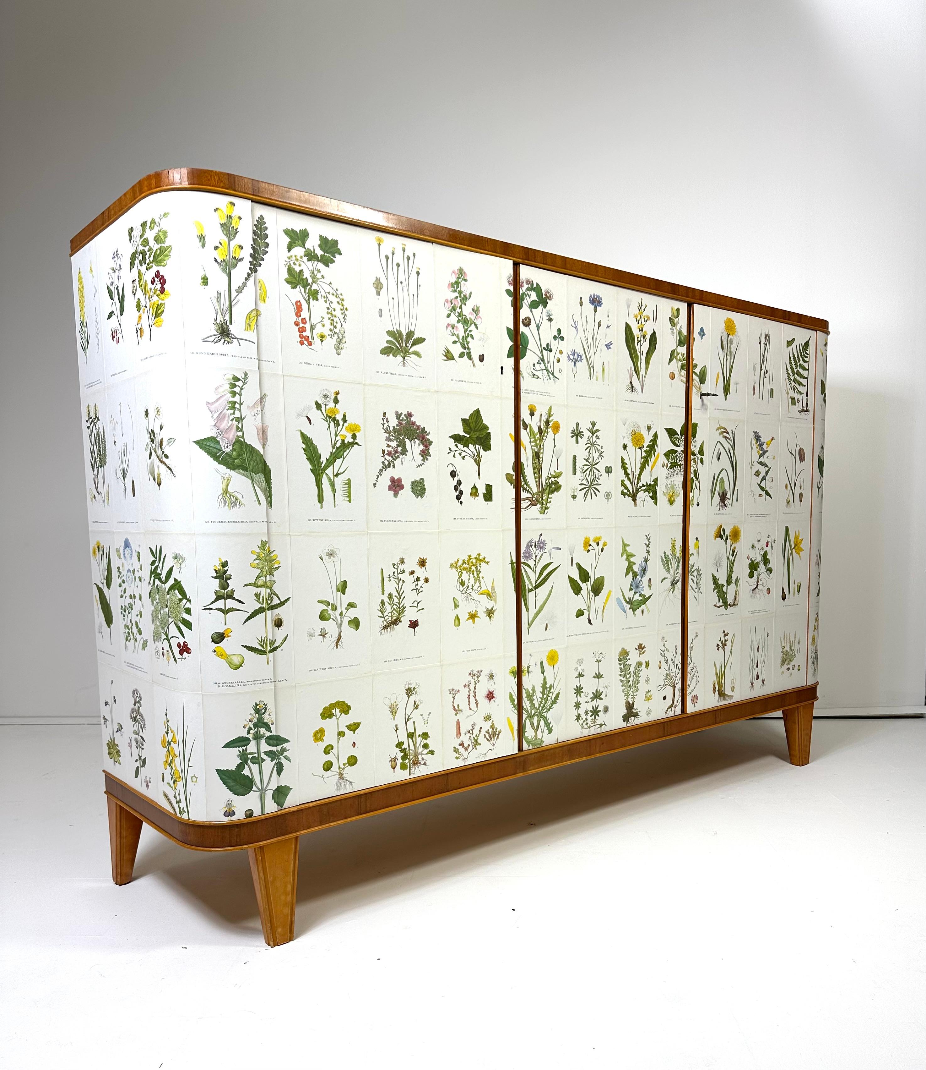 Gabinetto svedese del 1950, in seguito tappezzato con illustrazioni di C.A. Lindman libro Nordens Flora.

Il mobile curvo è composto da 3 ante che nascondono ripiani interni regolabili e cassetti.

Chiave inclusa.