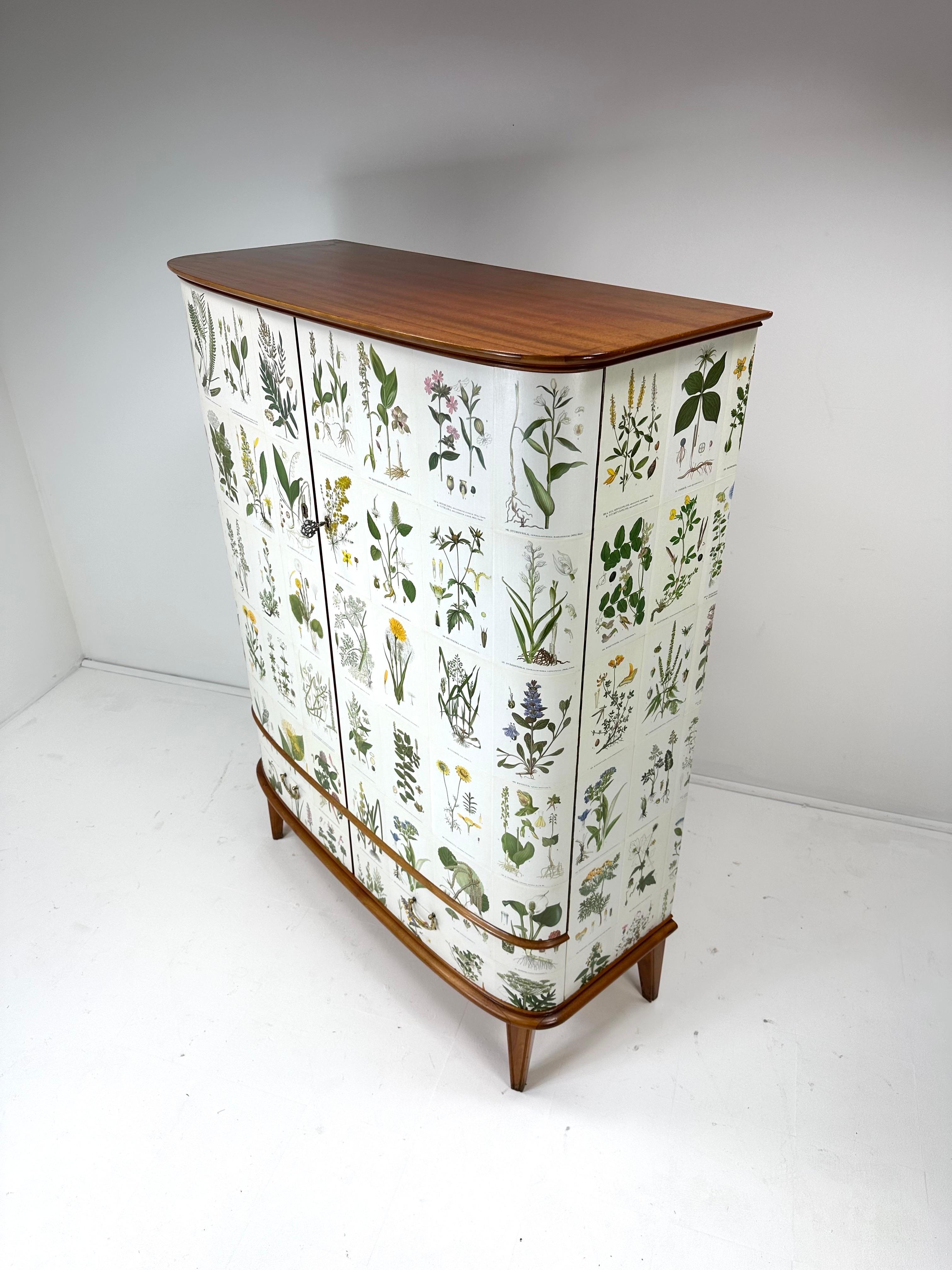 1950’s Swedish Cabinet With Nordens Flora Illustrations In Good Condition For Sale In Turners Falls, MA
