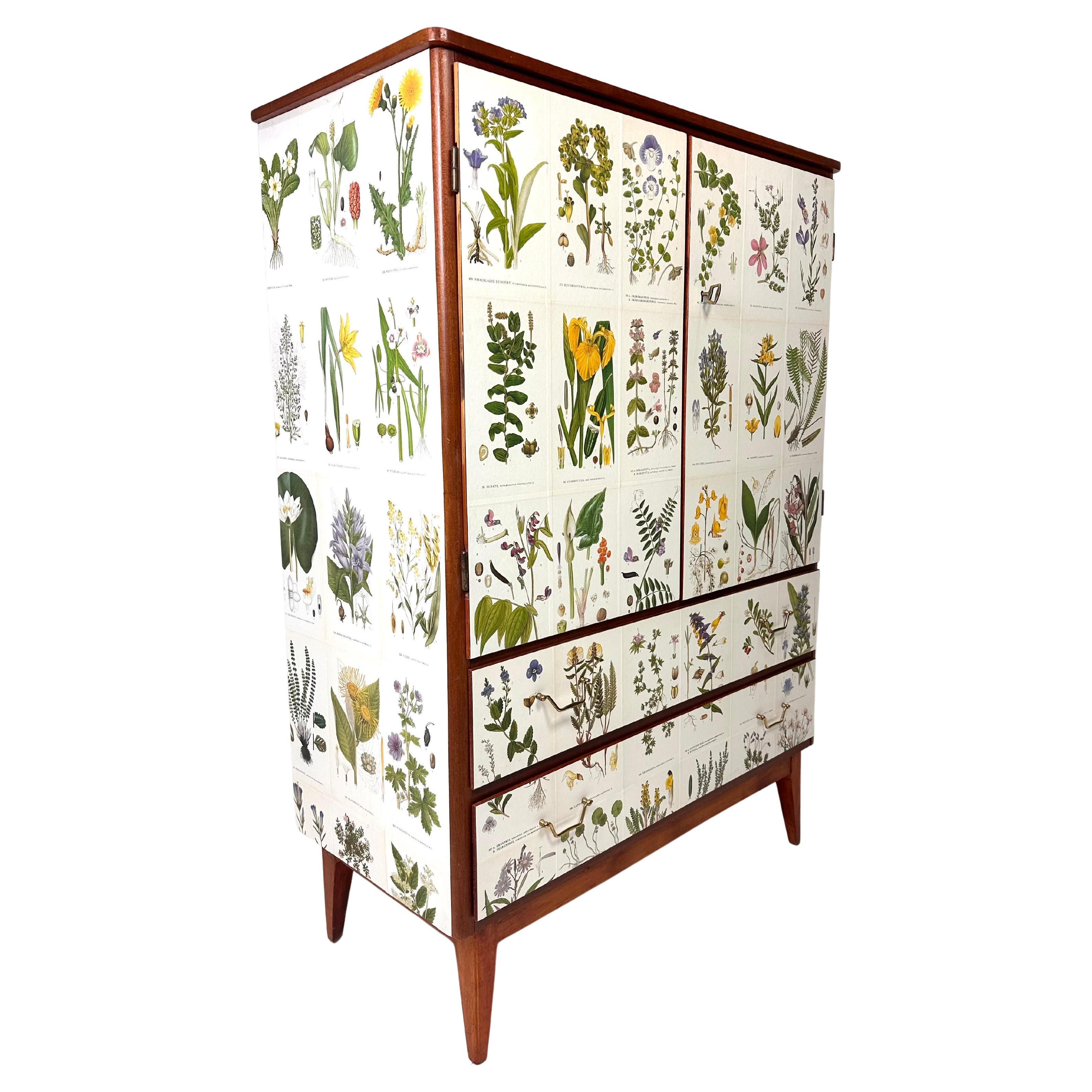 1950's Swedish Cabinet with Nordens Flora Illustrations