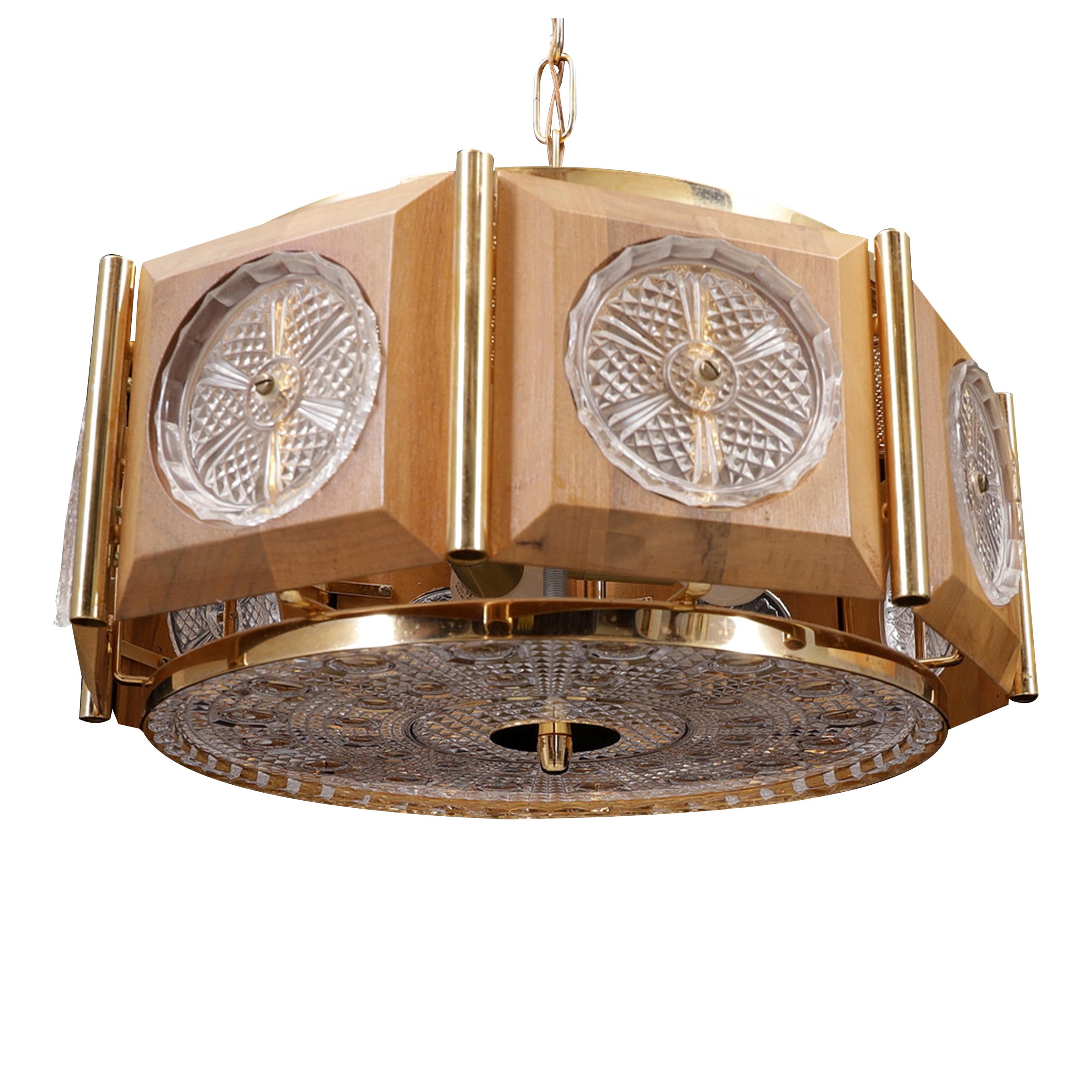 Mid-Century Modern 1950s Swedish Circular Brass Ceiling Light with Walnut Frame & Decorative Discs