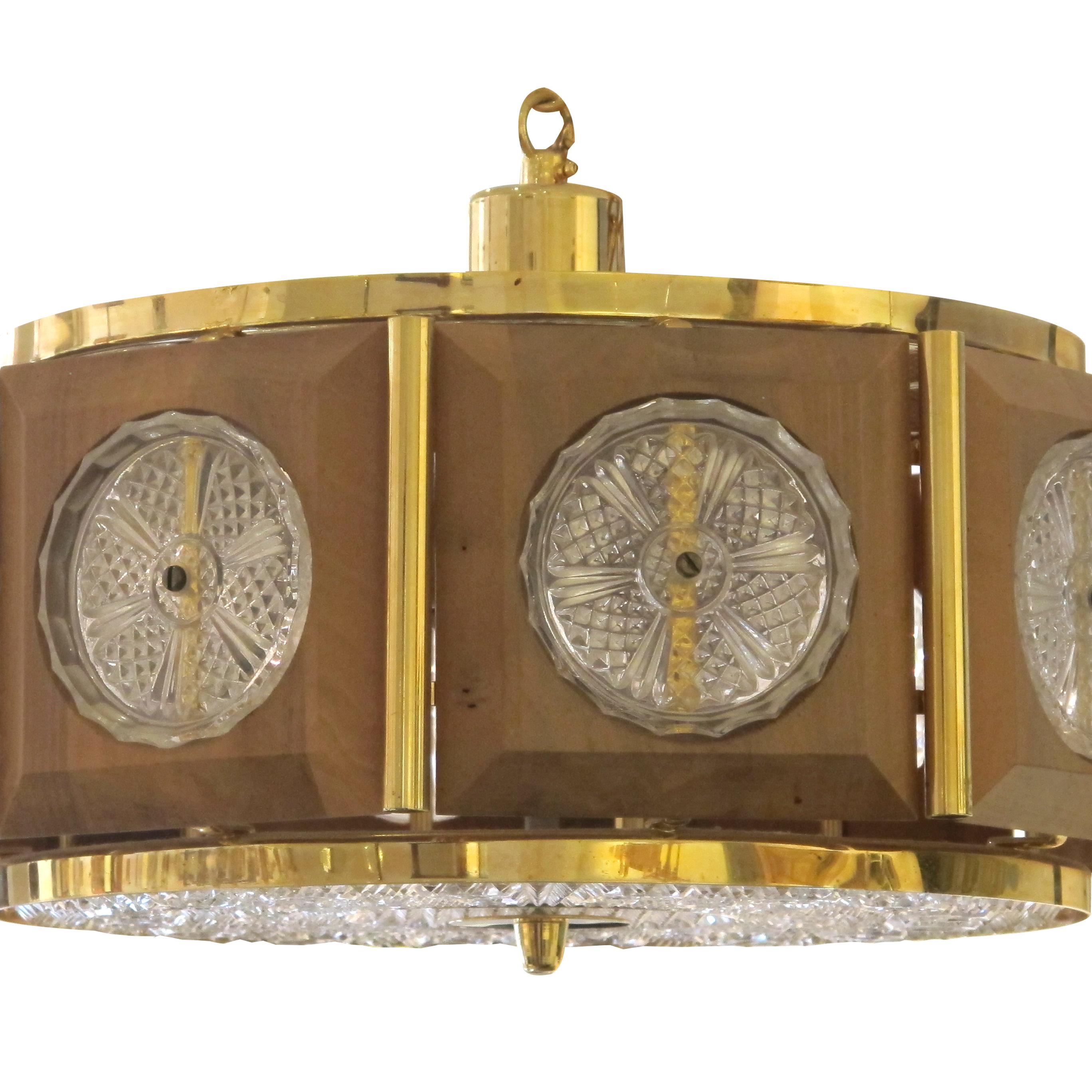 1950s Swedish Circular Brass Ceiling Light with Walnut Frame & Decorative Discs In Good Condition In London, GB