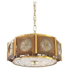 1950s Swedish Circular Brass Ceiling Light with Walnut Frame & Decorative Discs