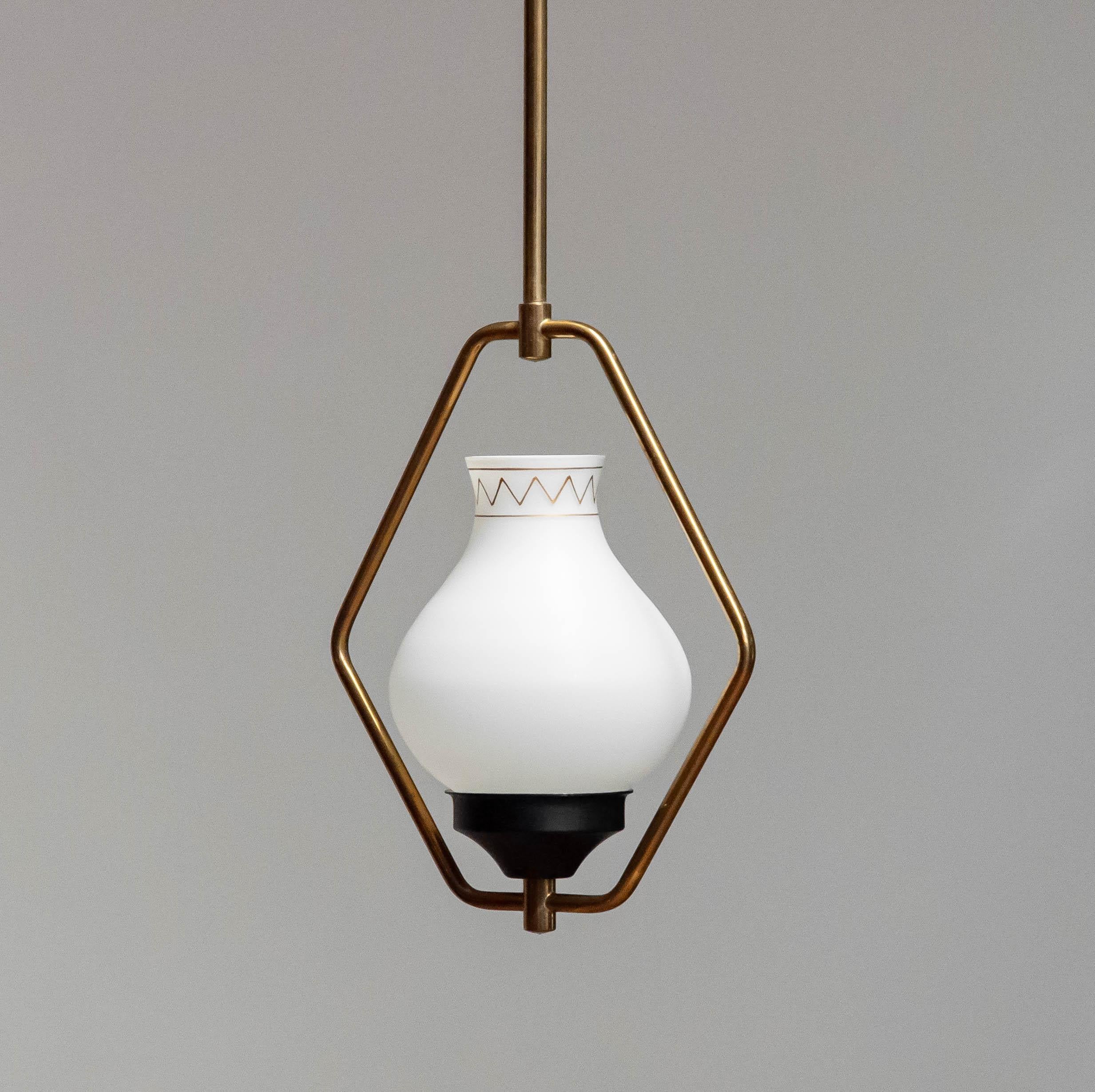 1950s Swedish Designer Pendant In Brass With Opal Art Glass. For Sale 2
