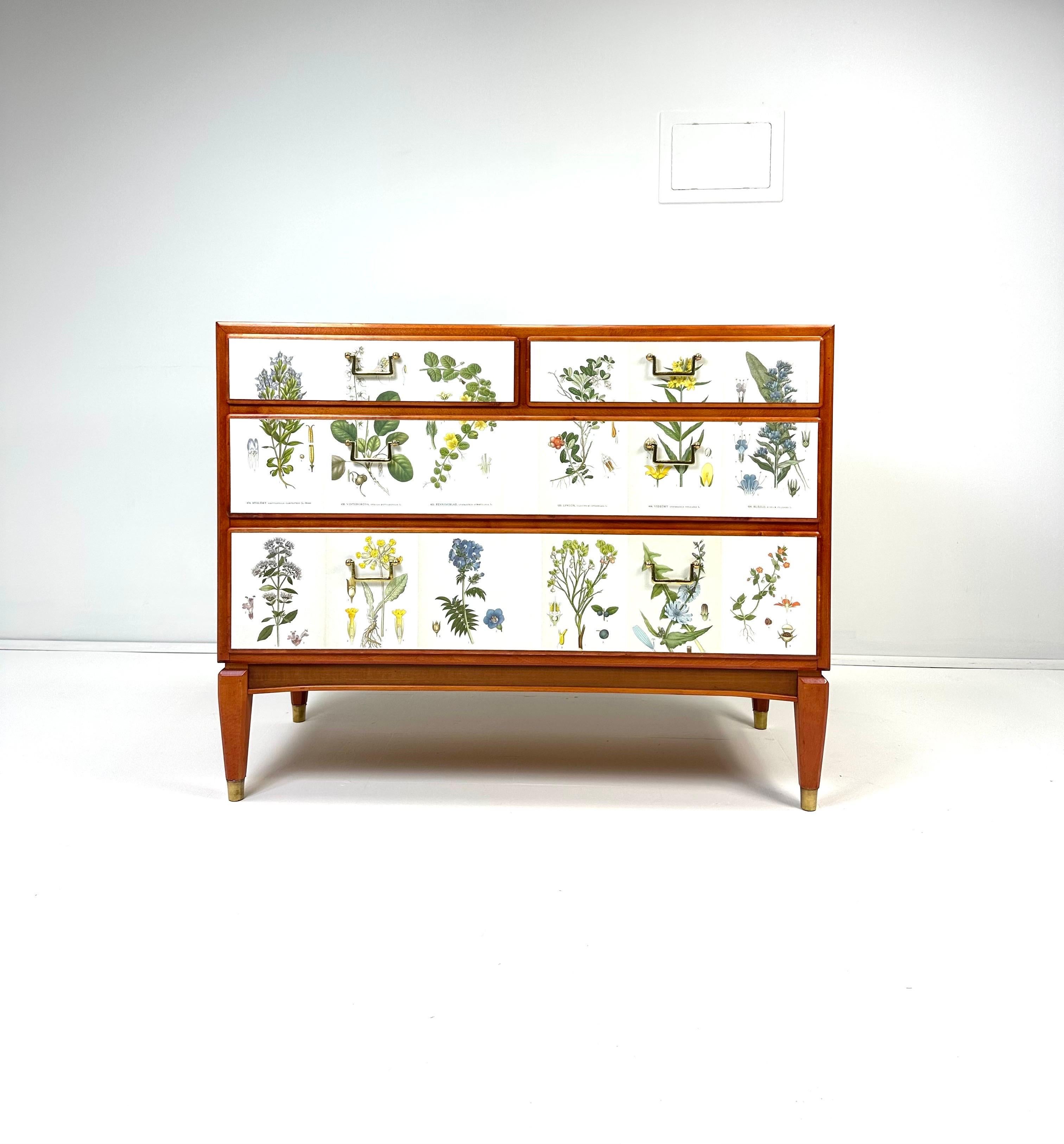 1950’s Swedish 4 drawer dresser later papered with illustrations by C.A. Lindman book Nordens Flora. Stained Beech wood.