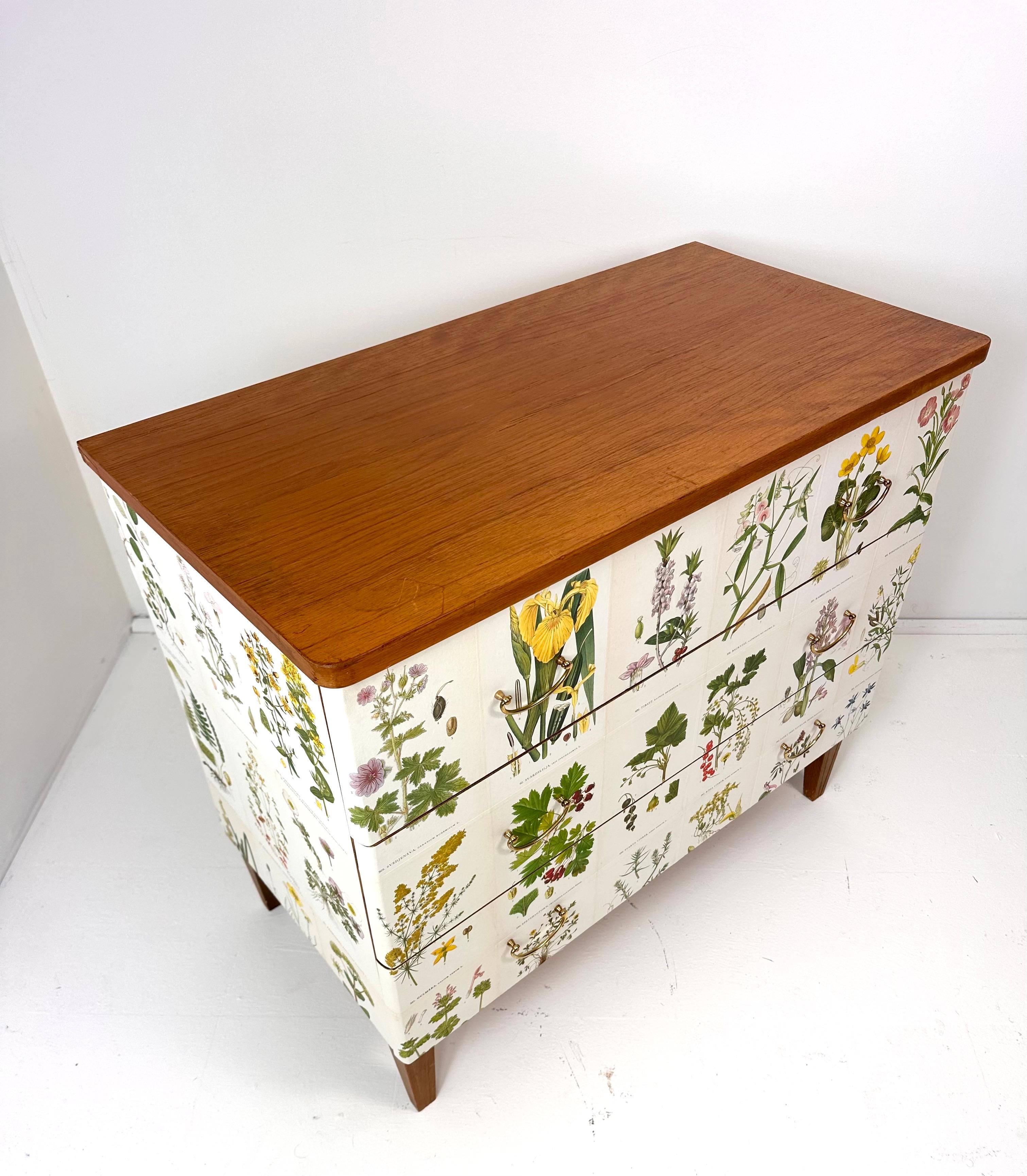 Scandinave moderne Commode suédoise des années 1950 avec illustrations de Nordens Flora en vente