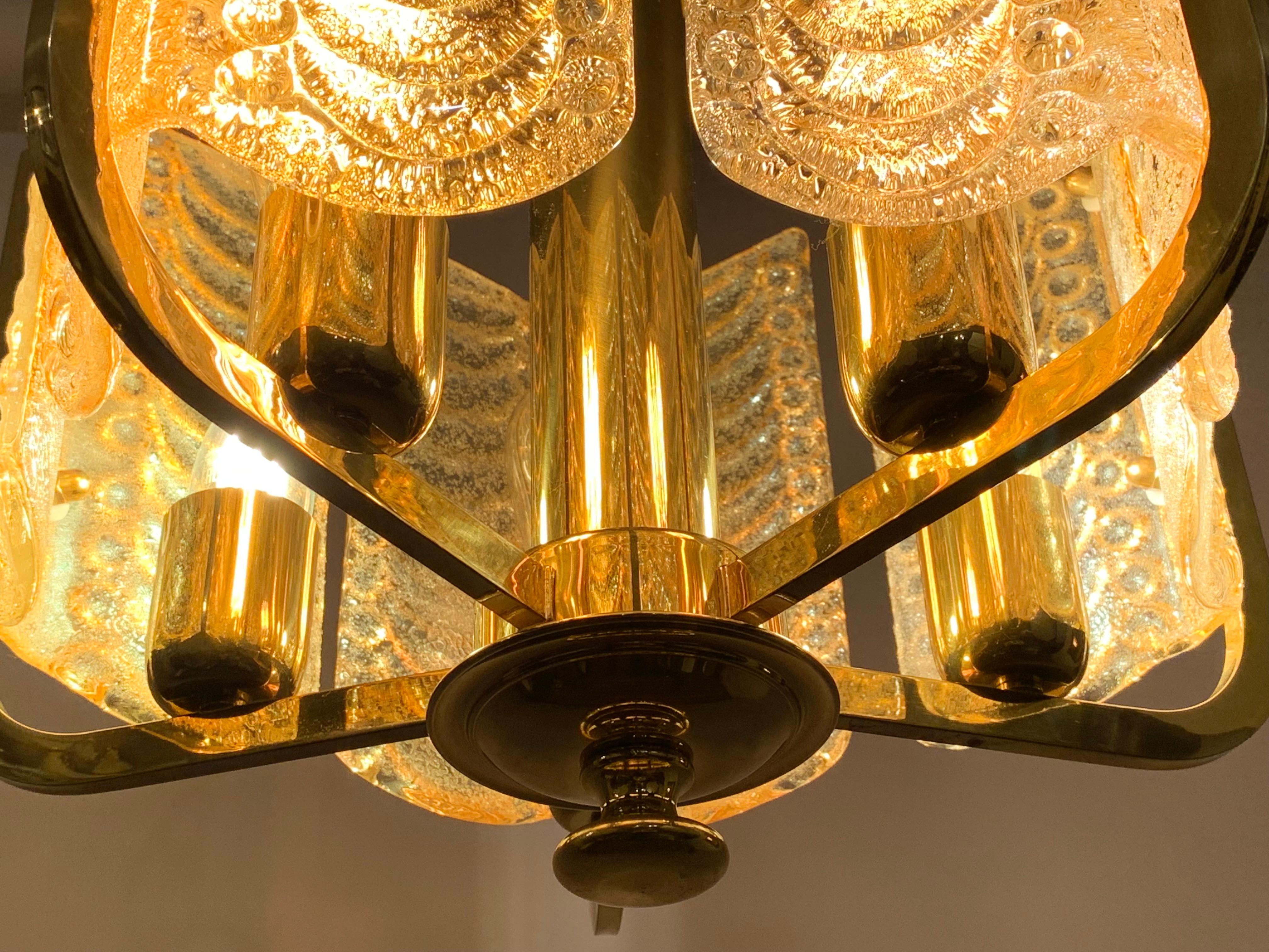 1950s Swedish Golden Glass & Brass Chandelier by Carl Fagerlund for Orrefors 5