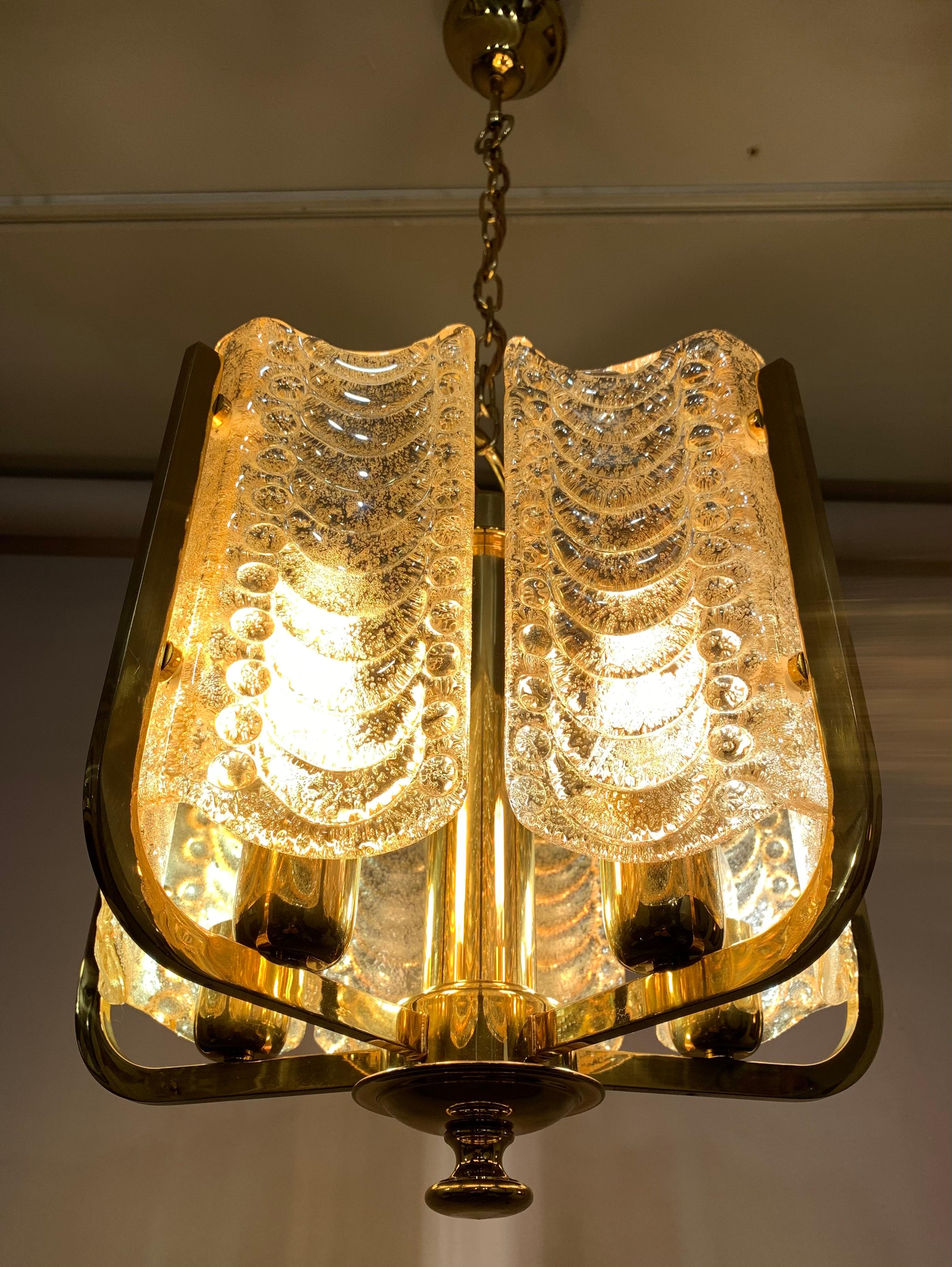 1950s Swedish Golden Glass & Brass Chandelier by Carl Fagerlund for Orrefors 6