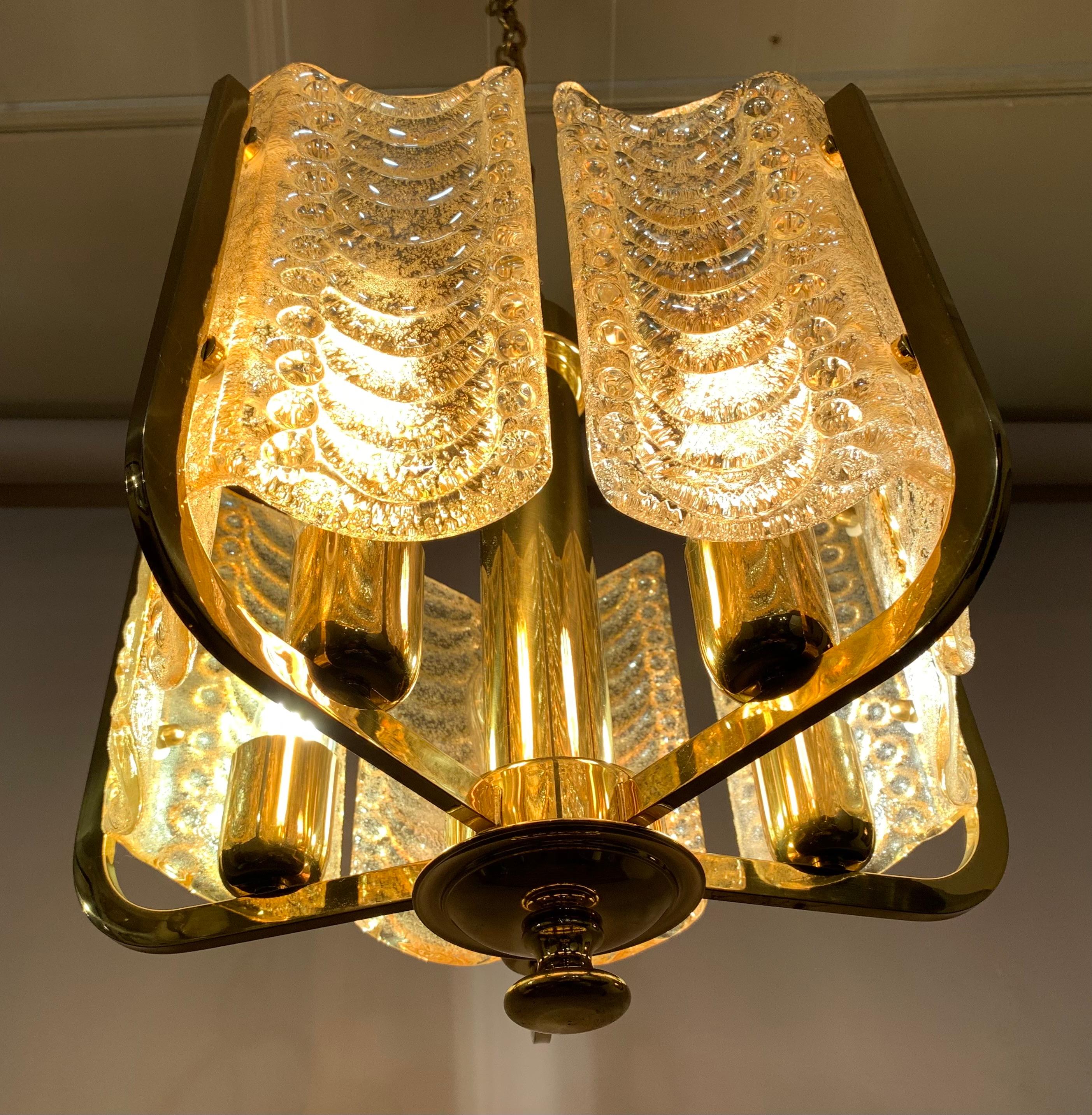 1950s Swedish Golden Glass & Brass Chandelier by Carl Fagerlund for Orrefors 4