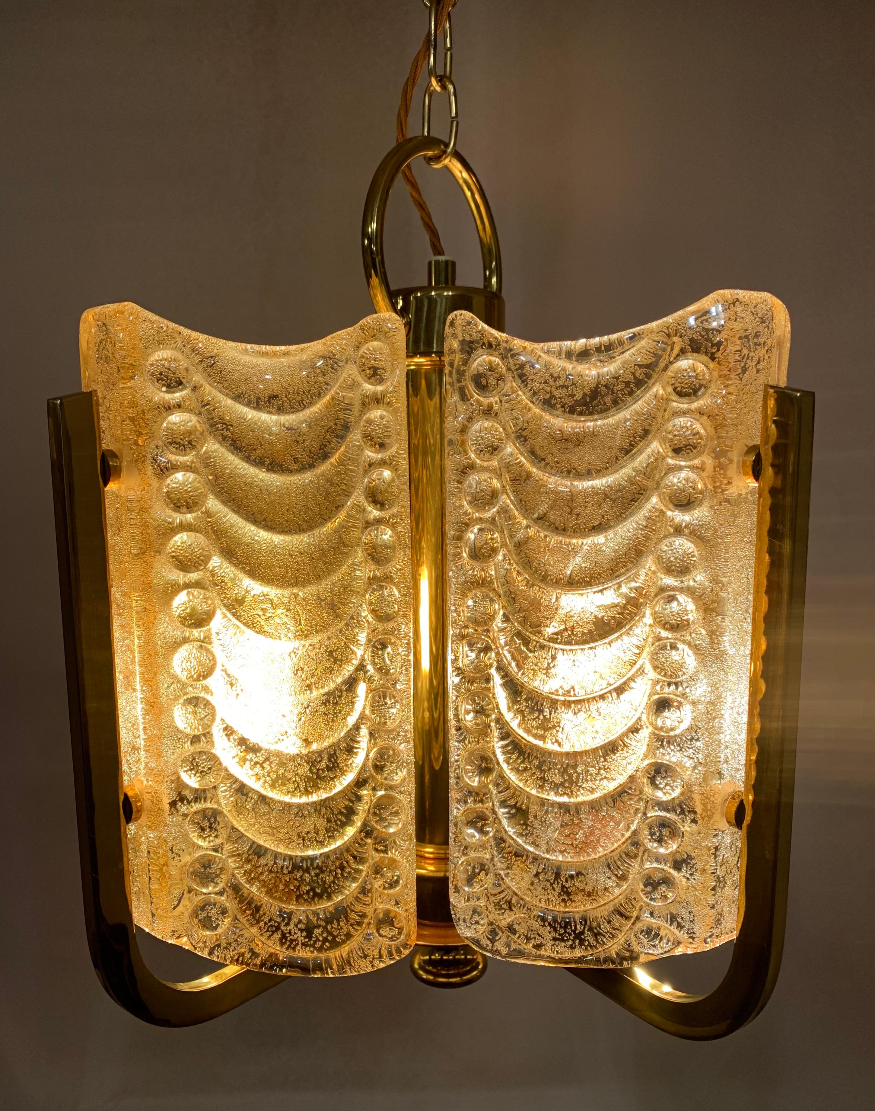 Mid-Century Modern 1950s Swedish Golden Glass & Brass Chandelier by Carl Fagerlund for Orrefors