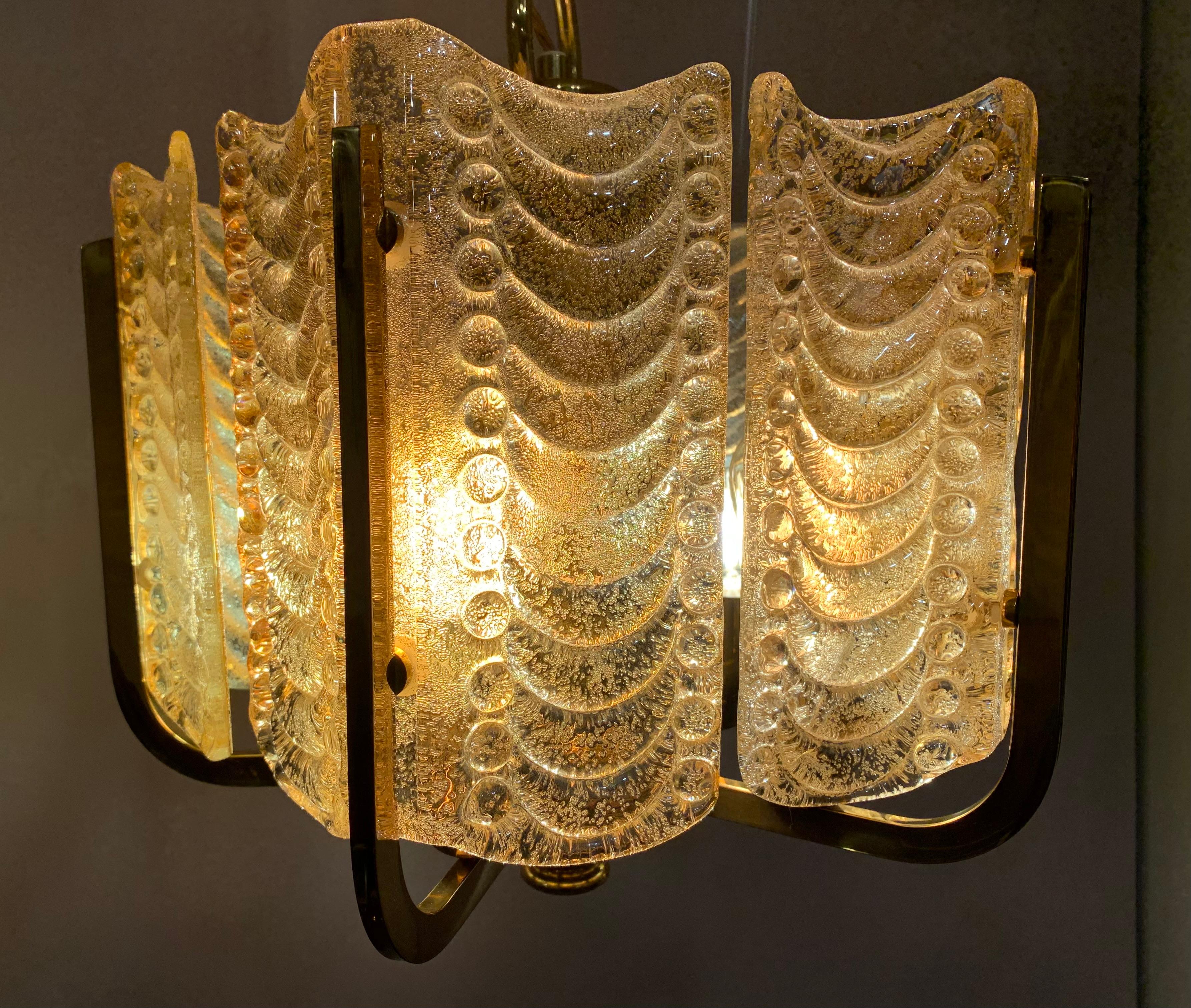 1950s Swedish Golden Glass & Brass Chandelier by Carl Fagerlund for Orrefors 1