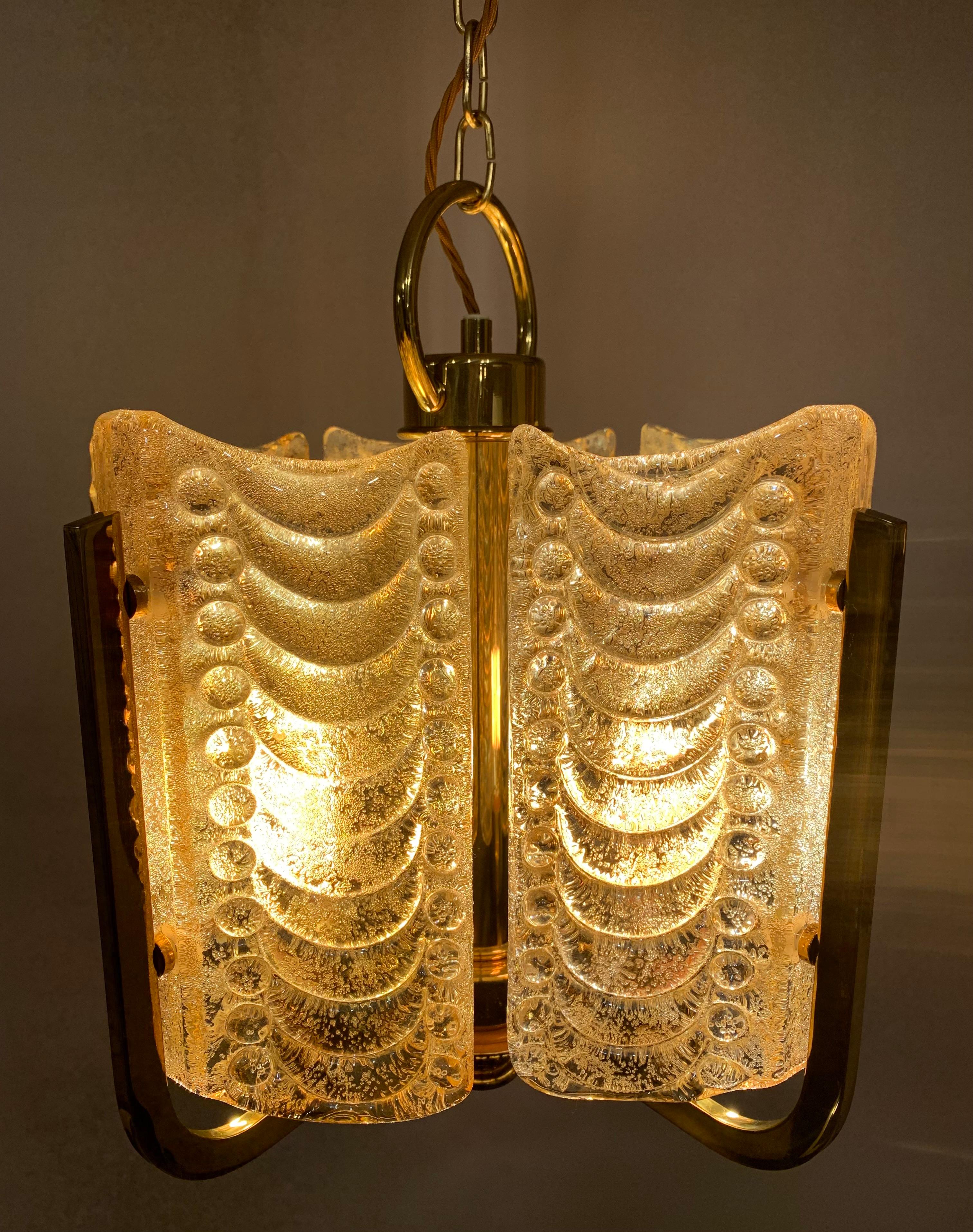 1950s Swedish Golden Glass & Brass Chandelier by Carl Fagerlund for Orrefors 3