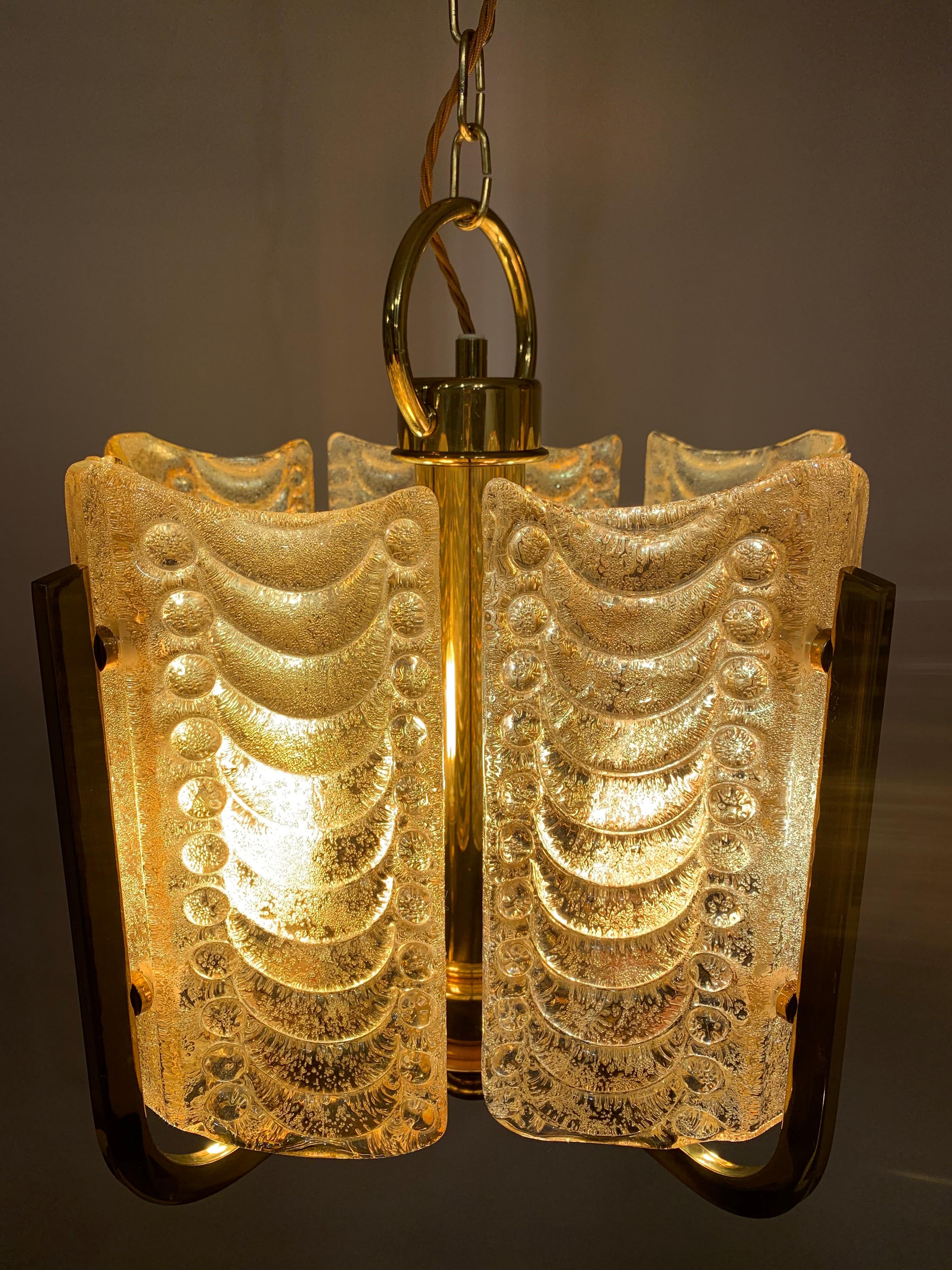 1950s Swedish Golden Glass & Brass Chandelier by Carl Fagerlund for Orrefors In Good Condition In London, GB