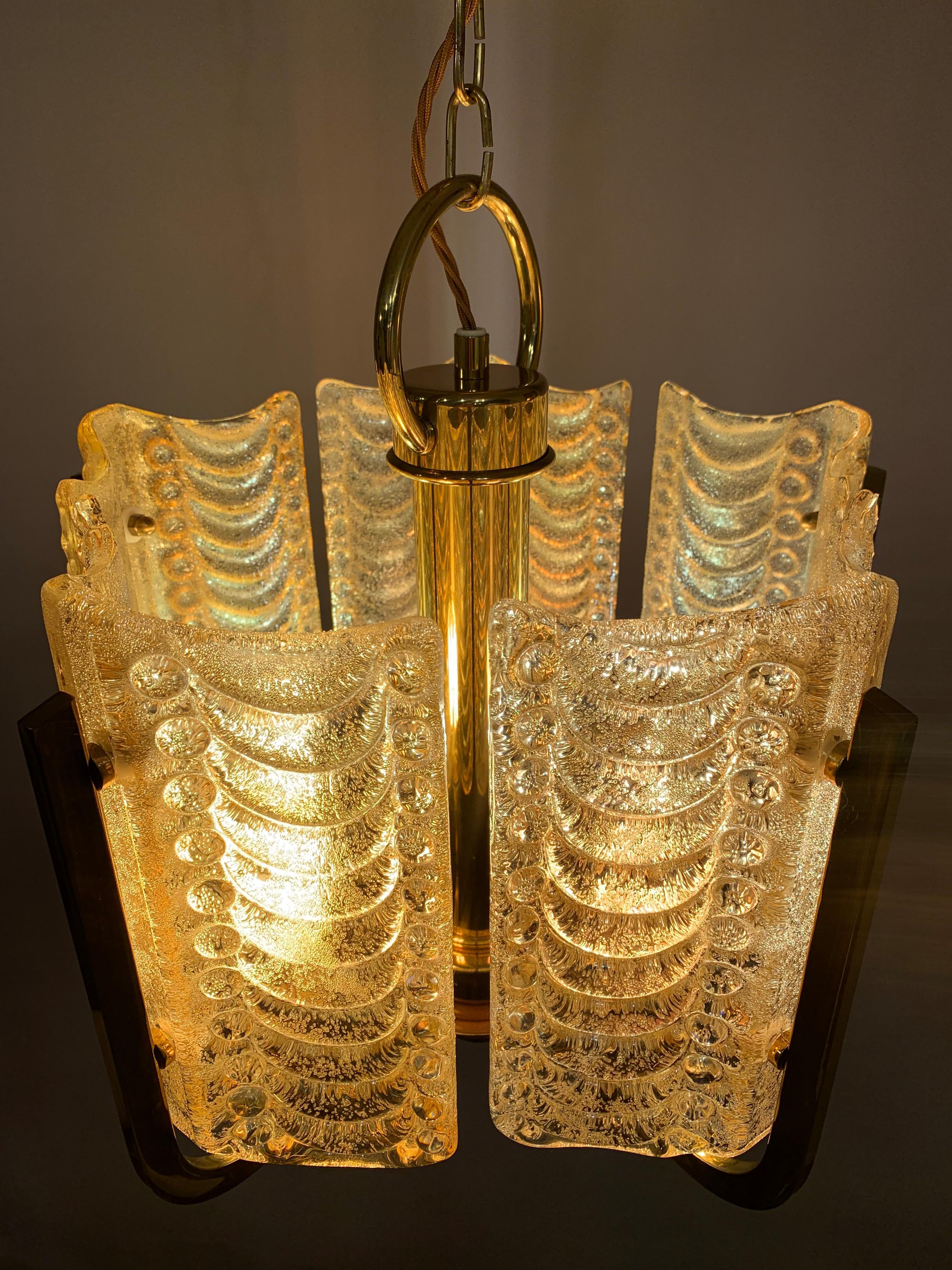 20th Century 1950s Swedish Golden Glass & Brass Chandelier by Carl Fagerlund for Orrefors