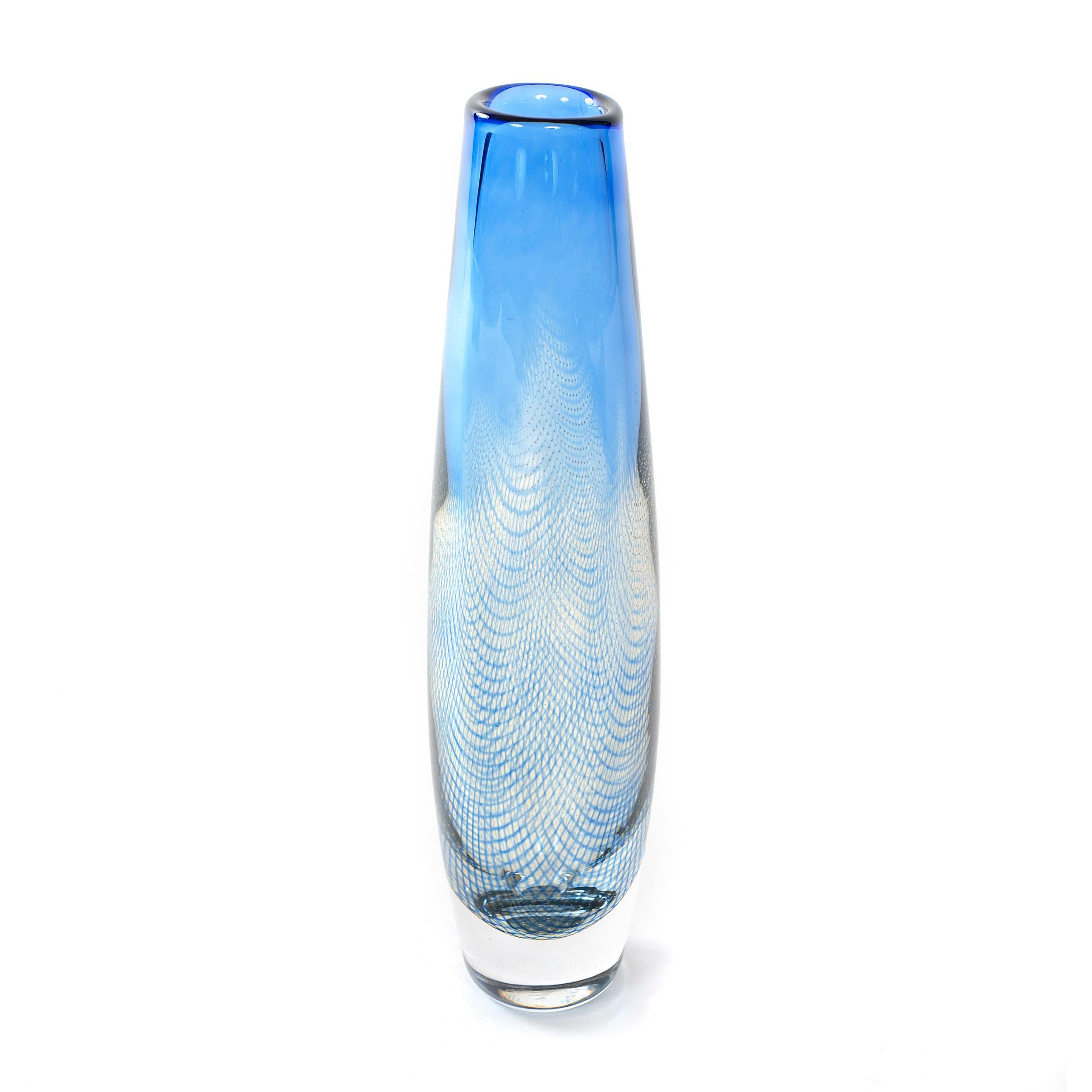 A hand blown 'Kraka' vase in clear and blue glass with an internal lattice pattern. Engraved on underside as depicted.