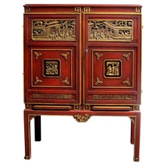 1950s Swedish-made Chinoiserie Drinks Cabinet with Carved Panels