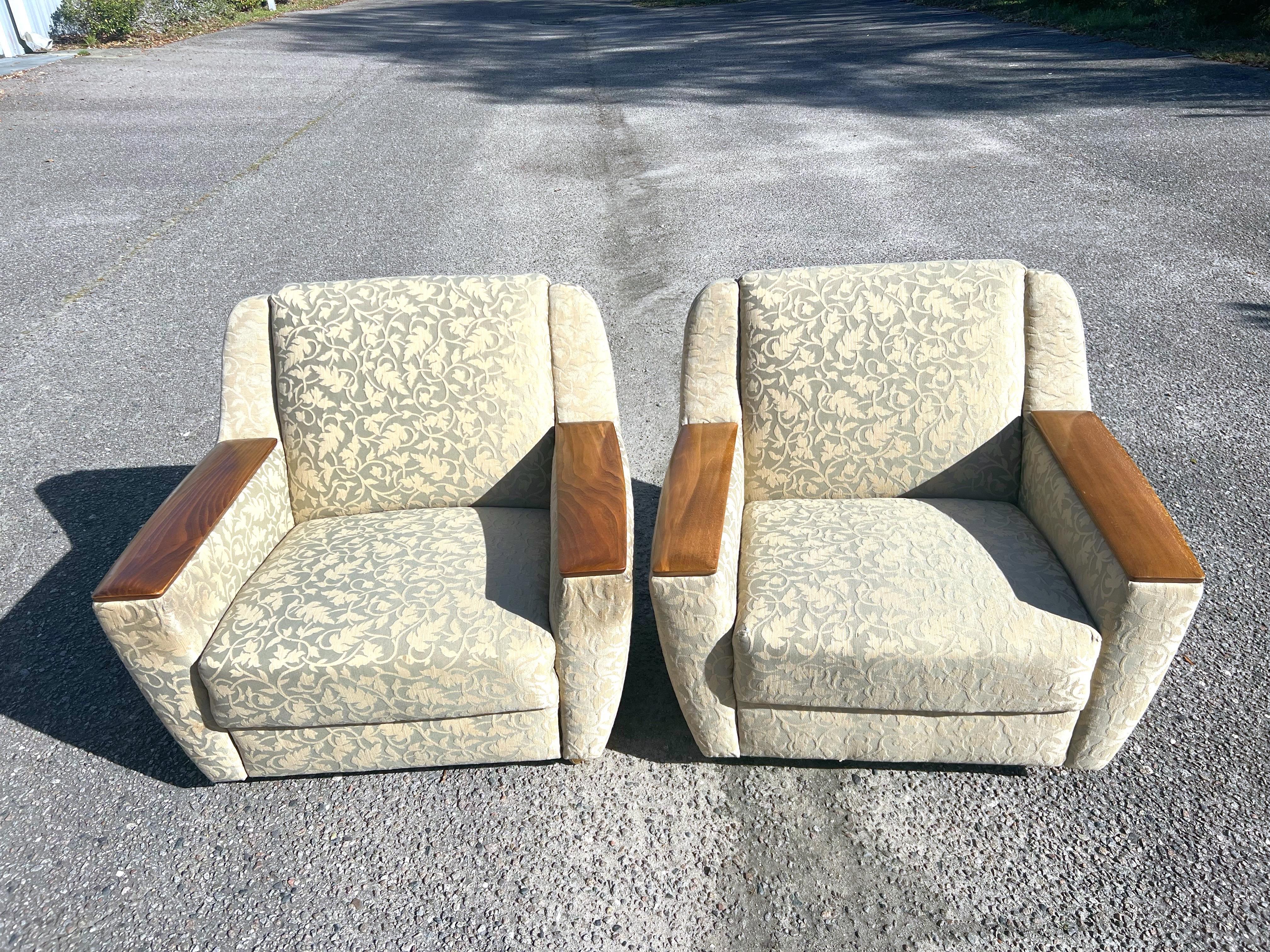 Purchased from original owners who had them reupholstered around 2012 in designer fabric.  These low slung lounge chairs are so comfortable!   They are really the kind of chairs you can curl up in.   And they have the look!   Upholstery is still in