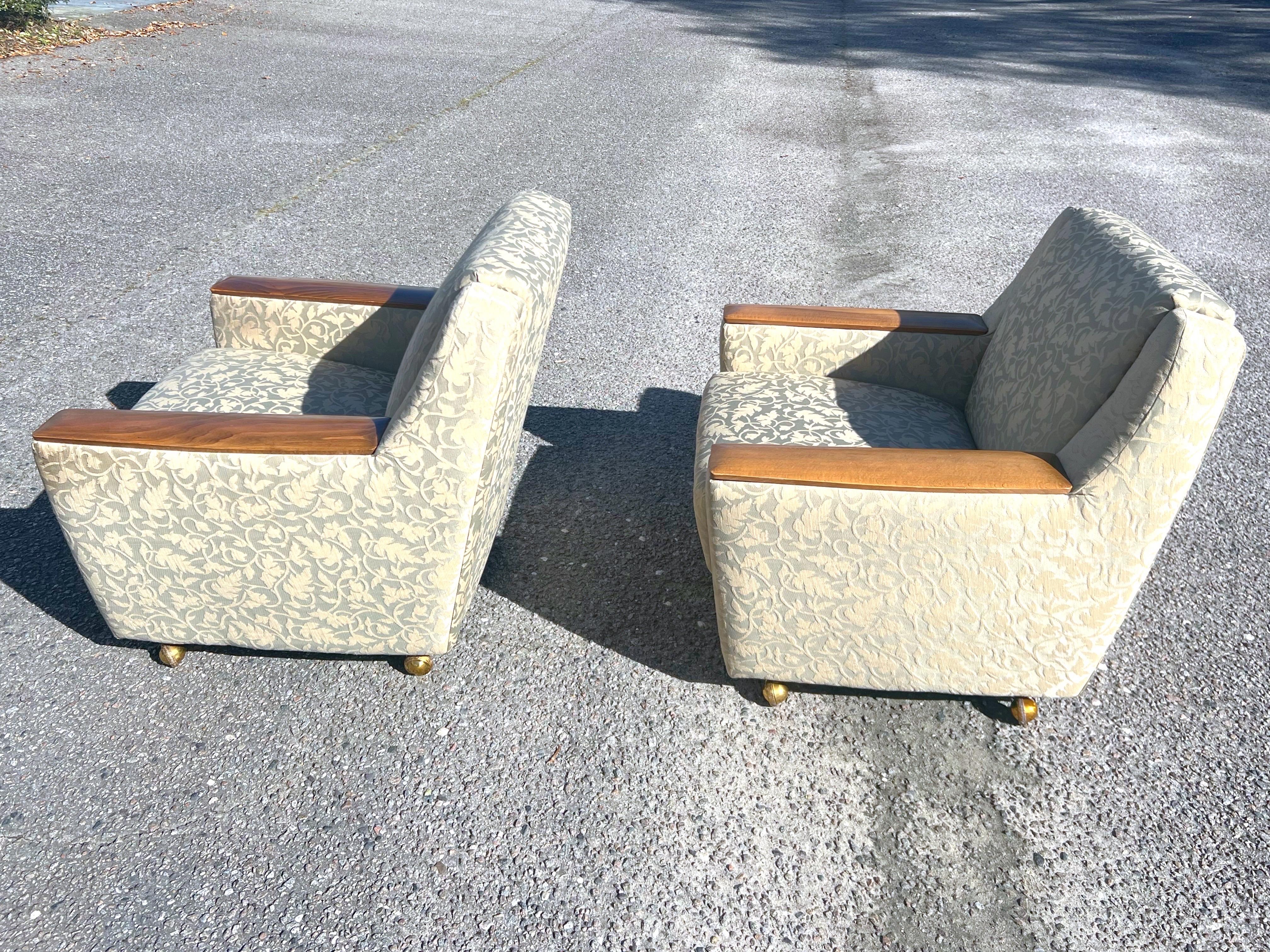 1950’s Swedish Modern Club Chairs With Wooden Arm Rests on Castors - a Pair For Sale 3