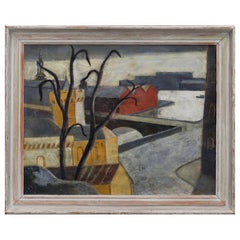 1950s Swedish oil painting on canvas of a City and river view