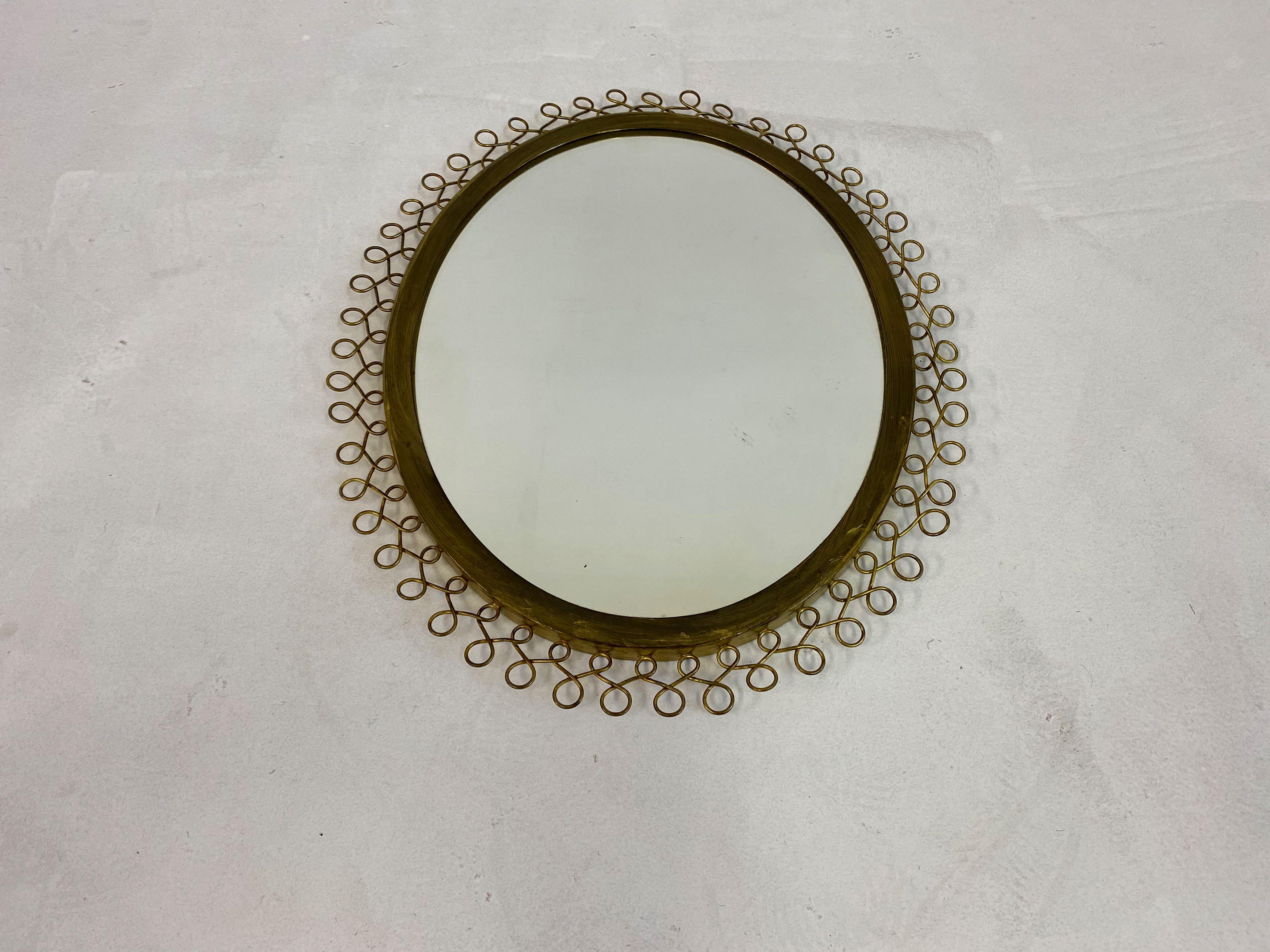 Mid-Century Modern 1950s Swedish Patinated Brass Mirror with Twisted Wire Decoration