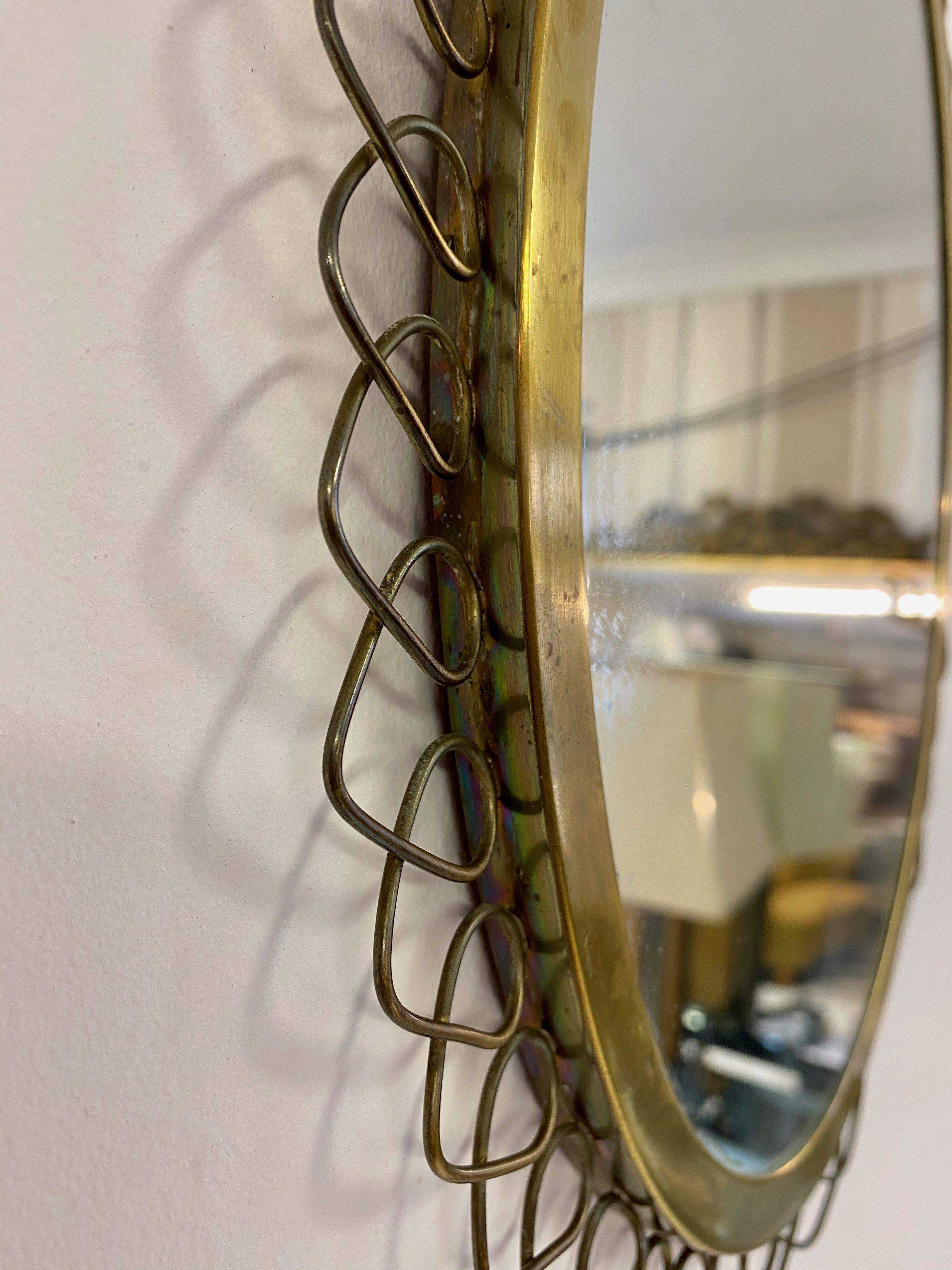 1950s Swedish Patinated Brass Mirror with Wire Decoration In Good Condition In London, London