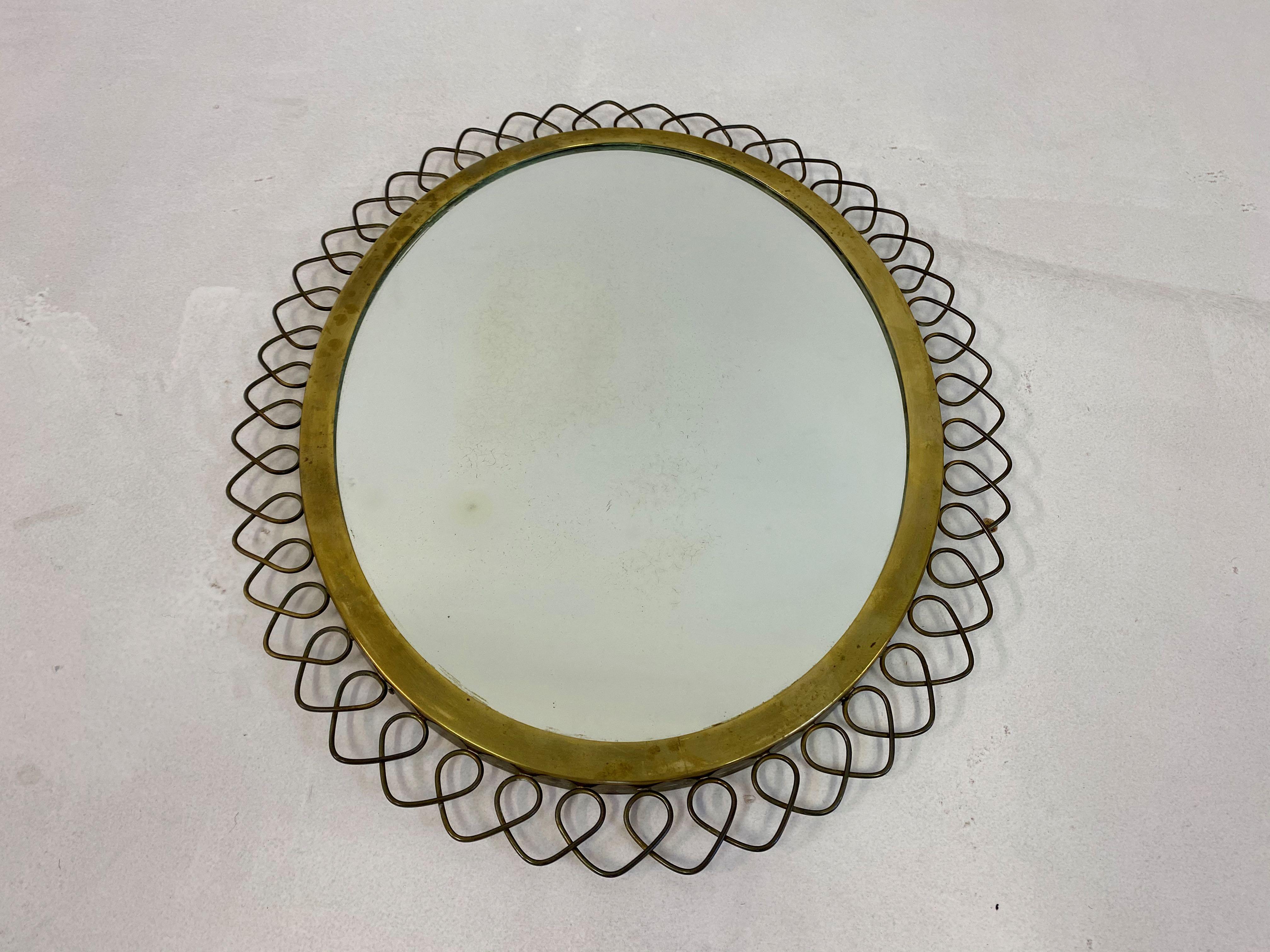 20th Century 1950s Swedish Patinated Brass Mirror with Wire Decoration