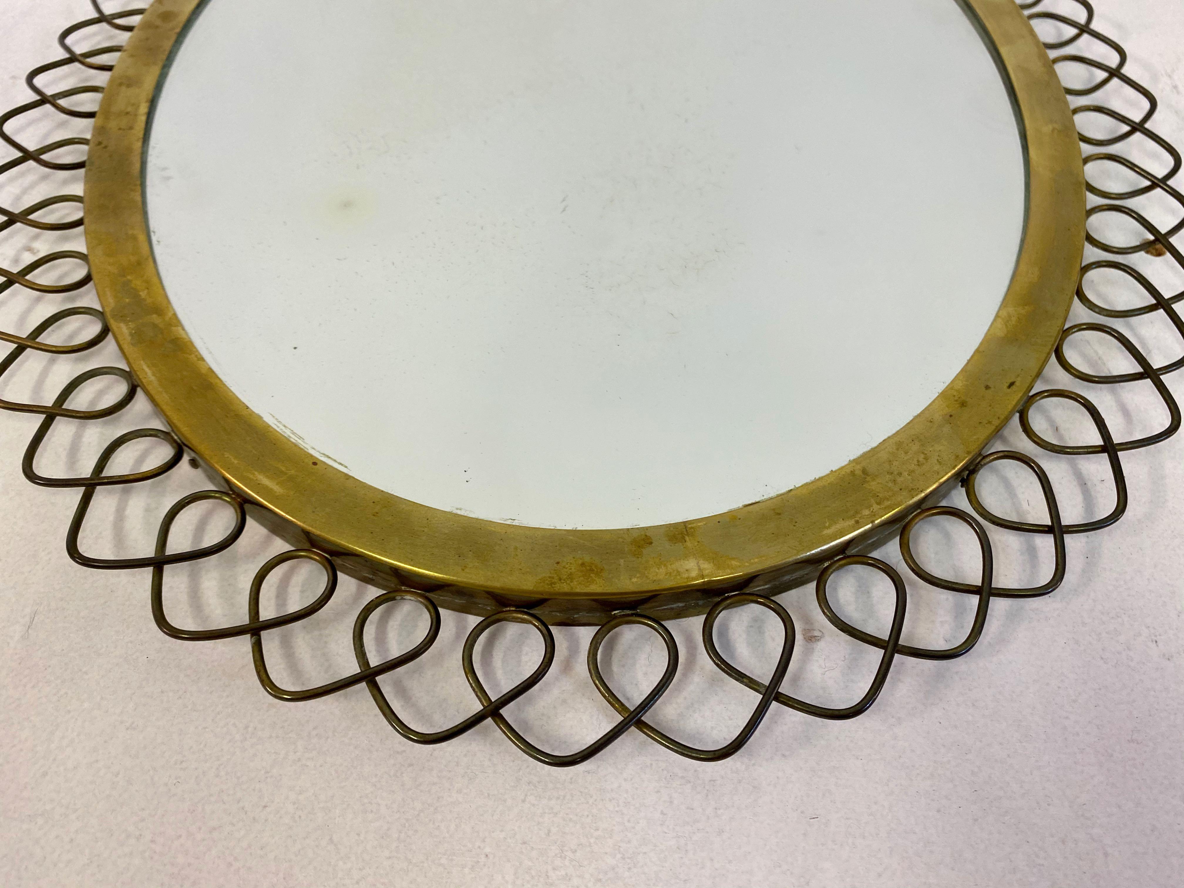 1950s Swedish Patinated Brass Mirror with Wire Decoration 1