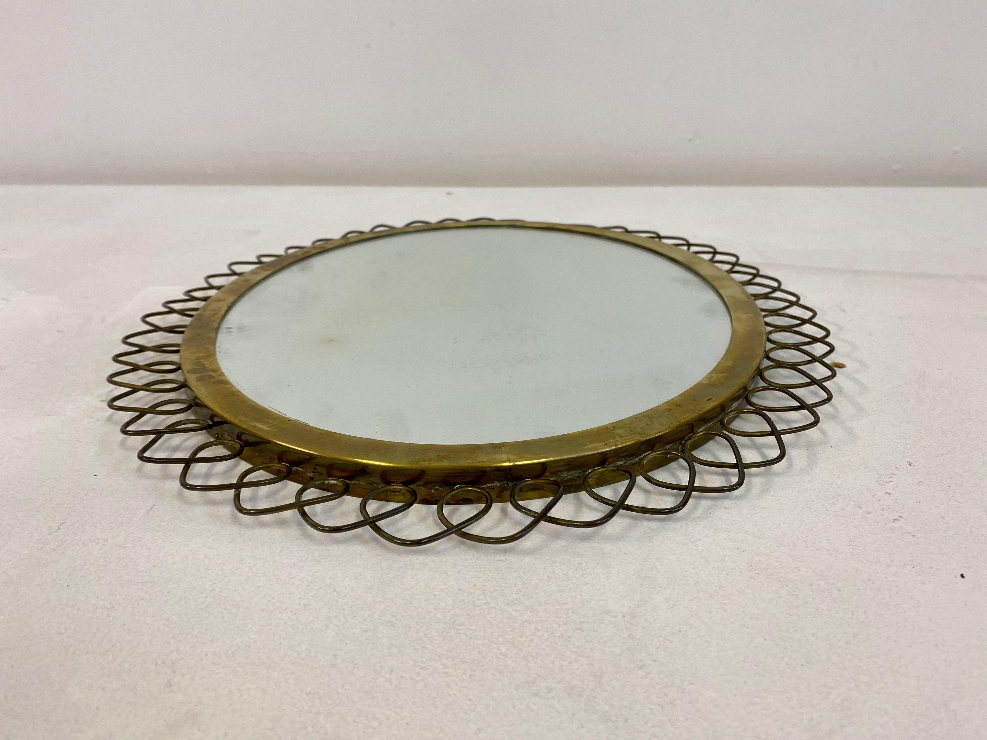 1950s Swedish Patinated Brass Mirror with Wire Decoration 3