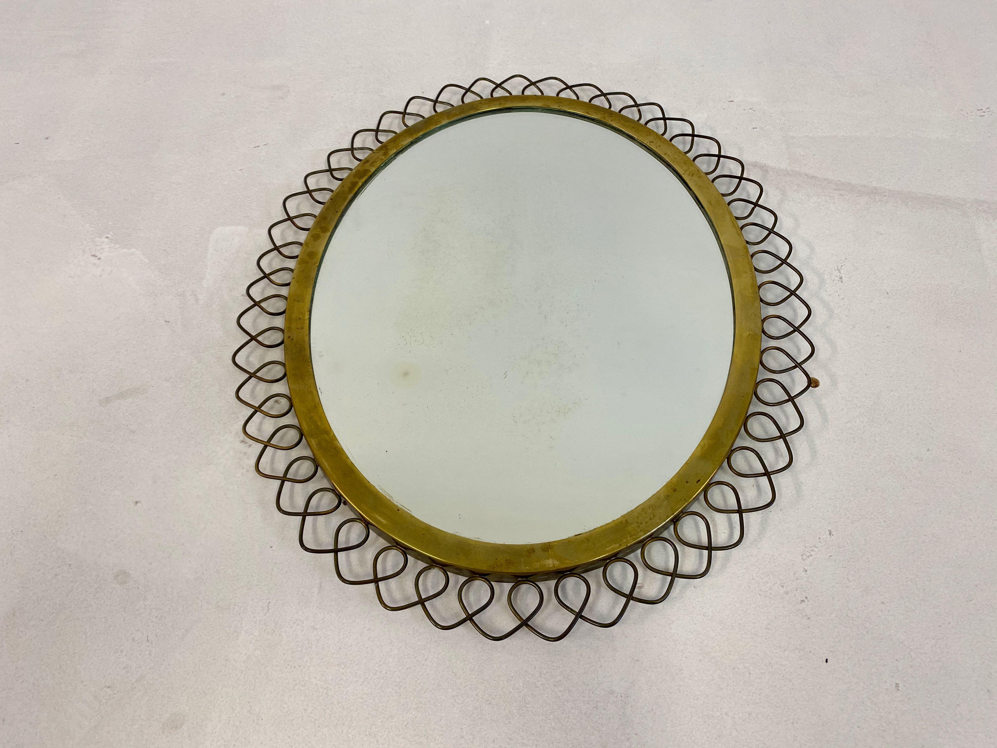 1950s Swedish Patinated Brass Mirror with Wire Decoration 4