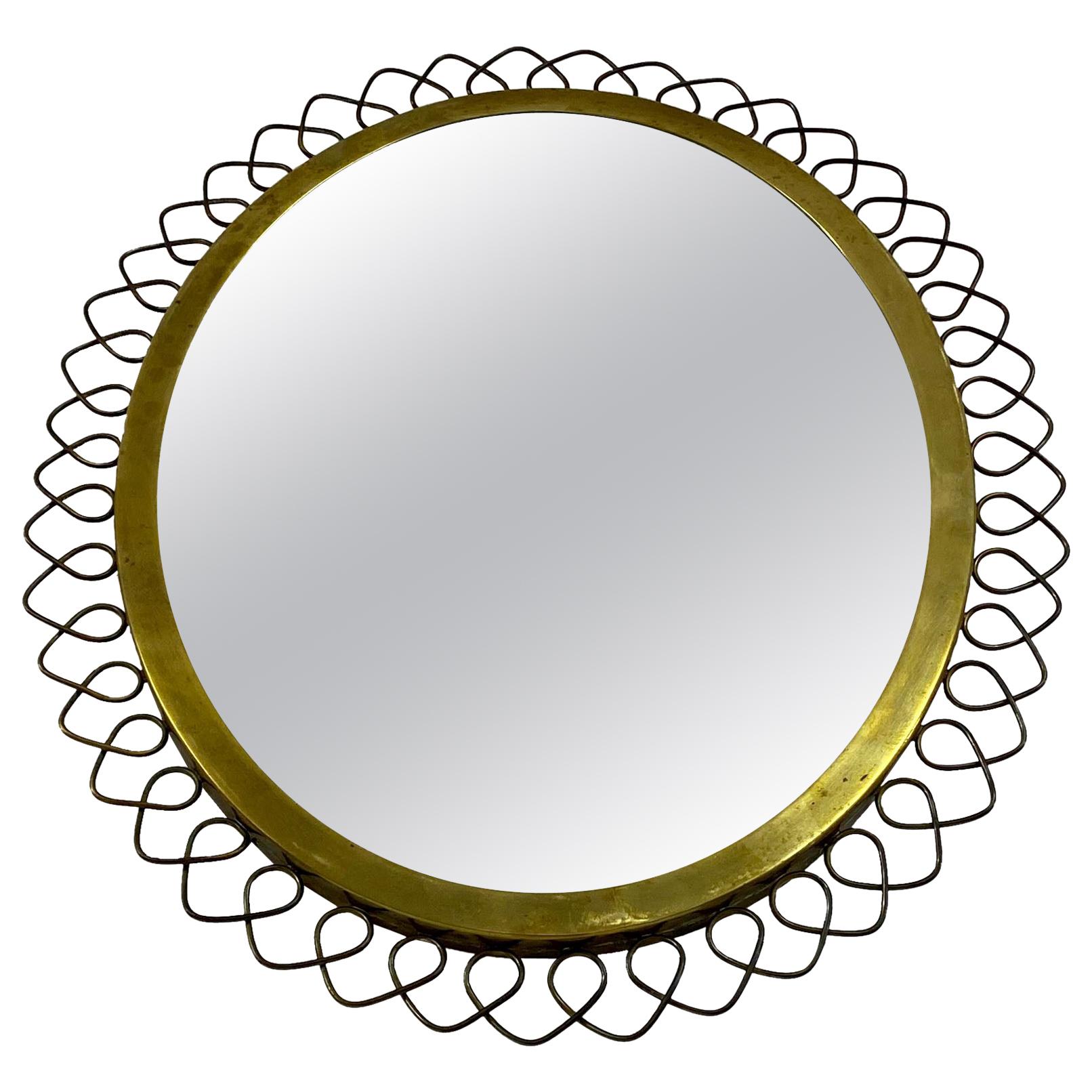 1950s Swedish Patinated Brass Mirror with Wire Decoration