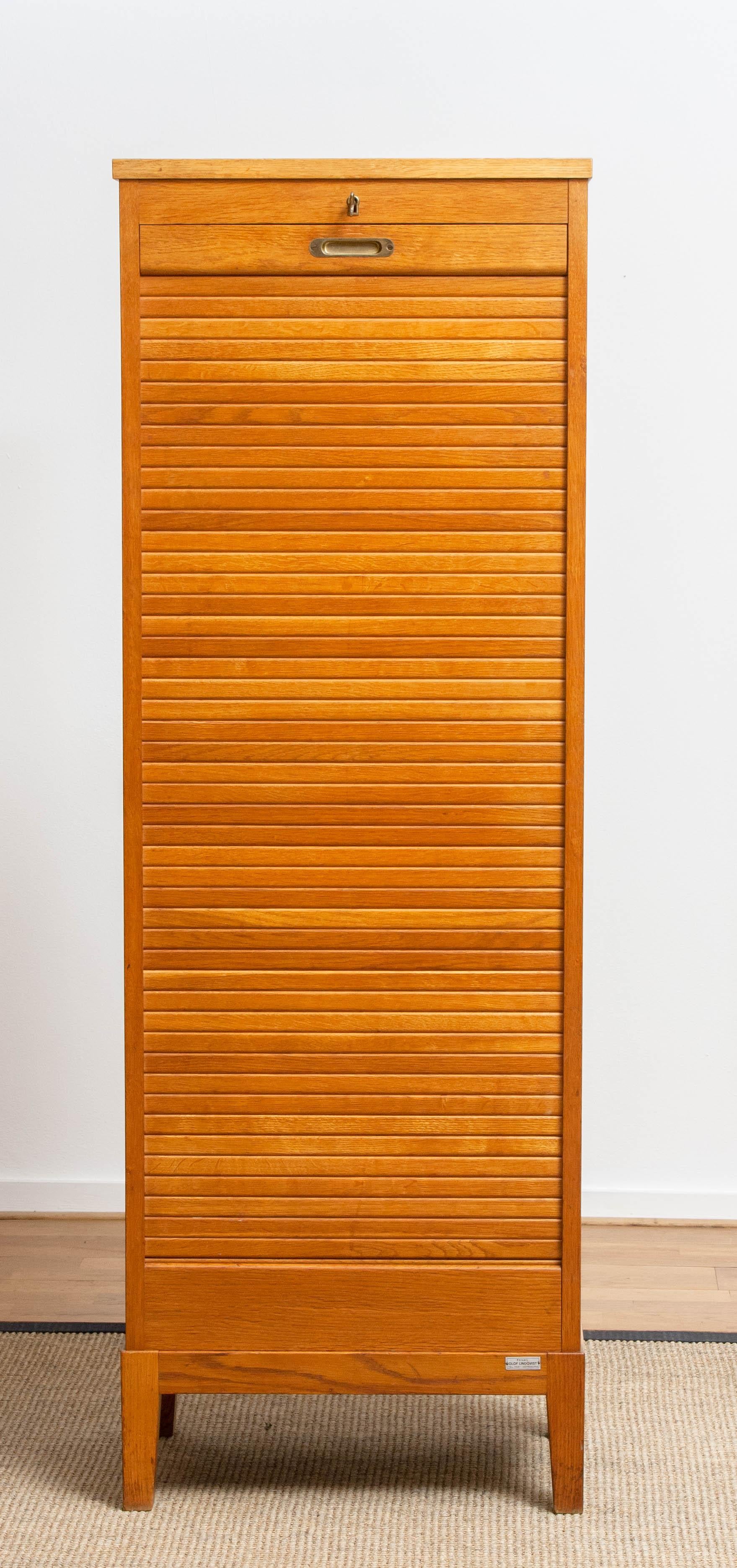 1950s, Swedish Up Right Oak Tambour Files / Archive Cabinet by Olof Lundqvist 6